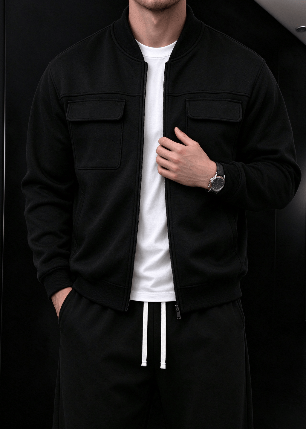 Men’s Fleece-Lined Utility Bomber Jacket & Wide-Leg Pants Set
