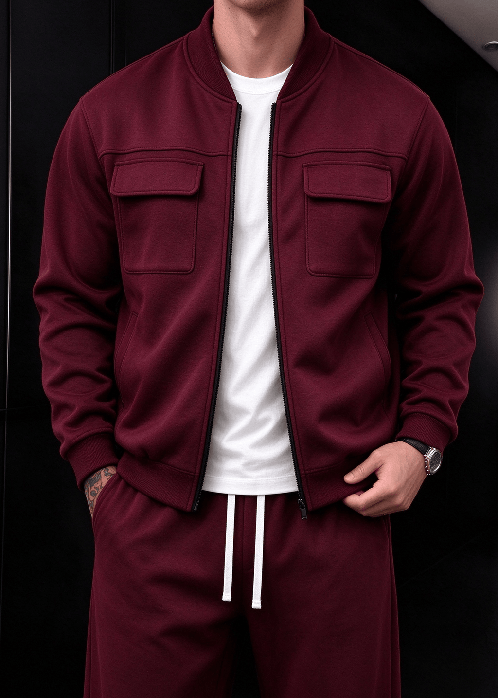 Men’s Fleece-Lined Utility Bomber Jacket & Wide-Leg Pants Set