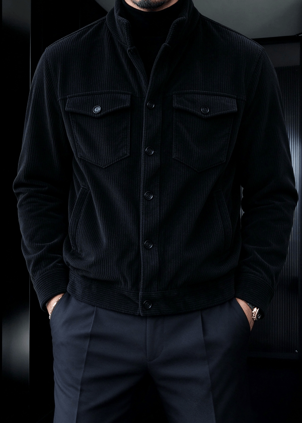 Men’s Corduroy Stand Collar Jacket – Button-Up Casual Trucker Style Overshirt Jacket