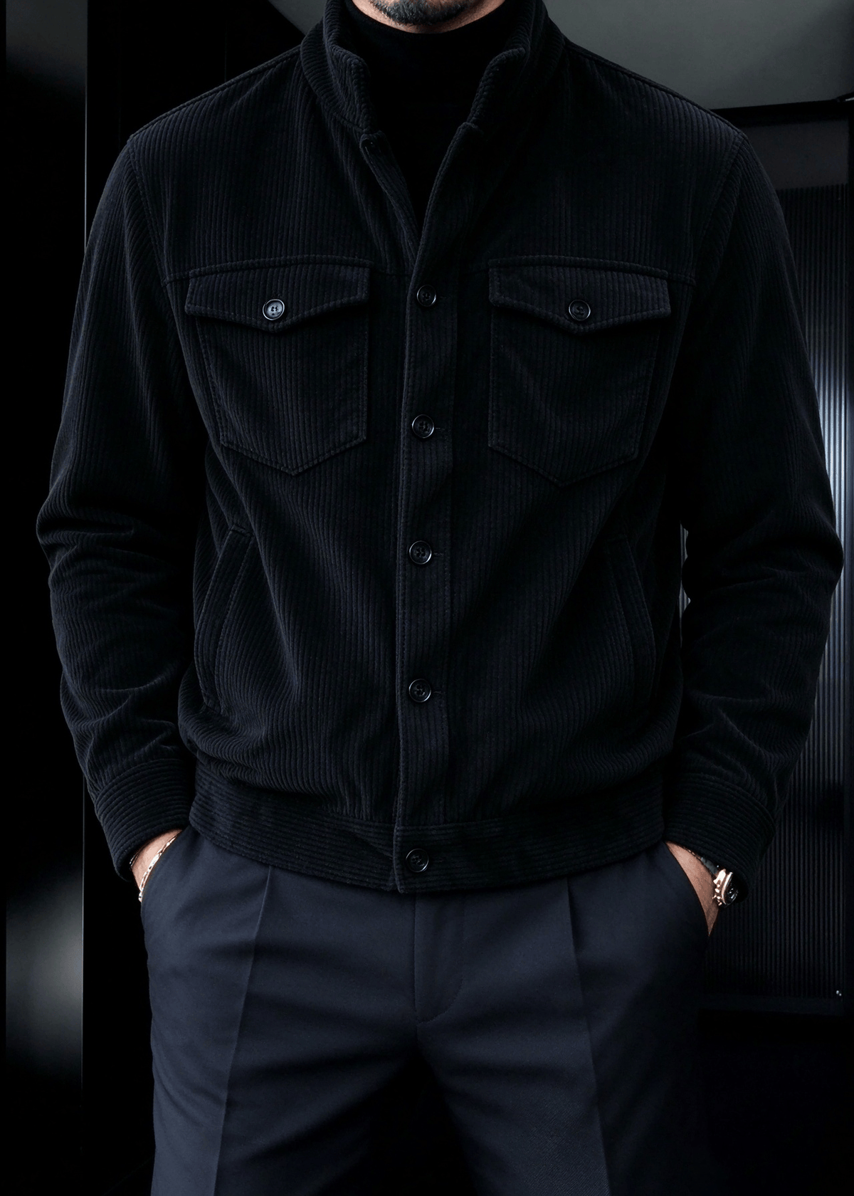 Men’s Corduroy Stand Collar Jacket – Button-Up Casual Trucker Style Overshirt Jacket