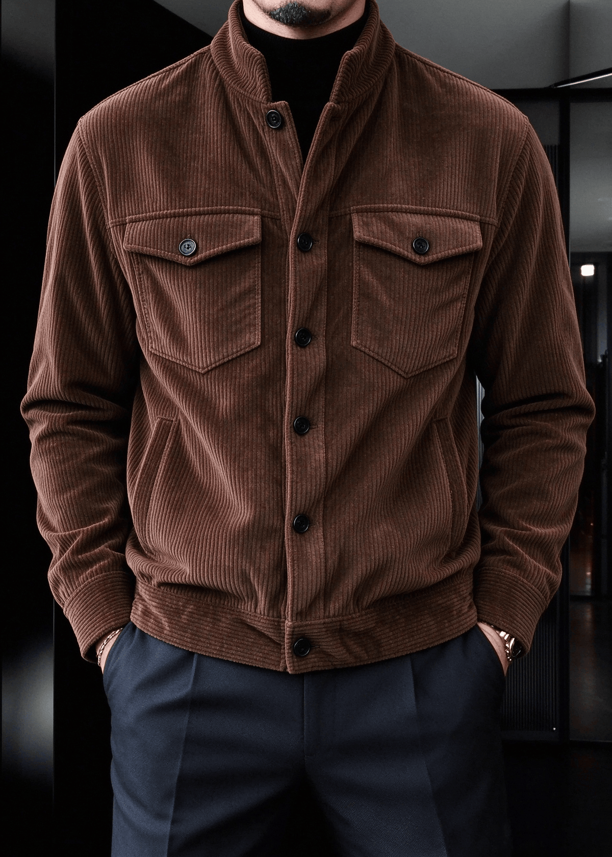Men’s Corduroy Stand Collar Jacket – Button-Up Casual Trucker Style Overshirt Jacket