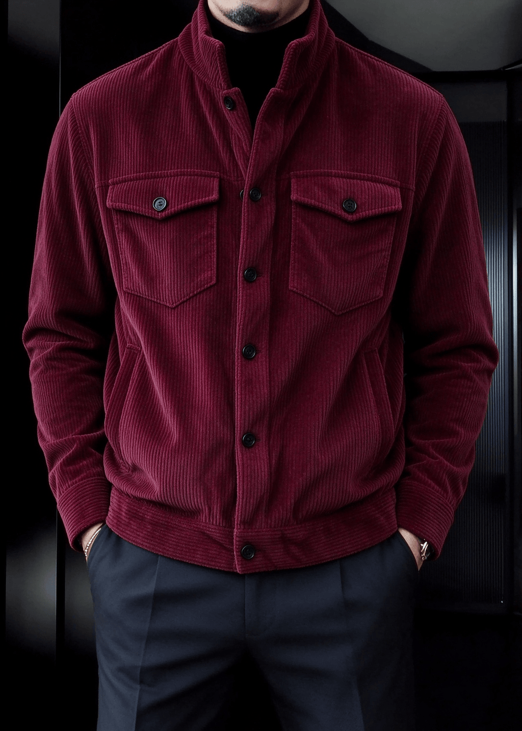 Men’s Corduroy Stand Collar Jacket – Button-Up Casual Trucker Style Overshirt Jacket