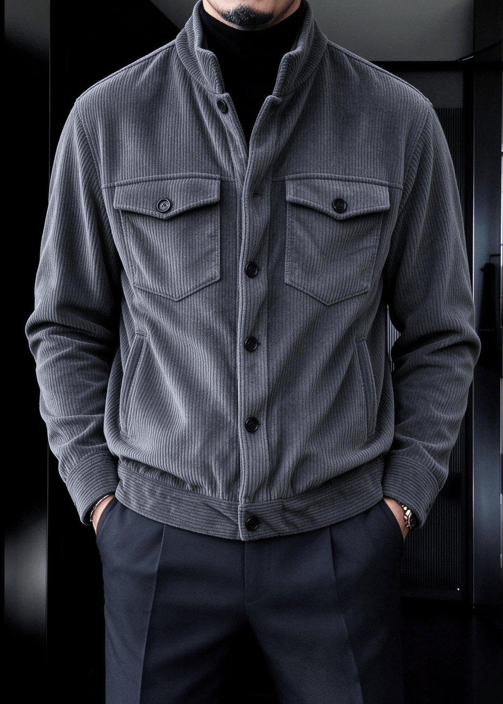 Men’s Corduroy Stand Collar Jacket – Button-Up Casual Trucker Style Overshirt Jacket