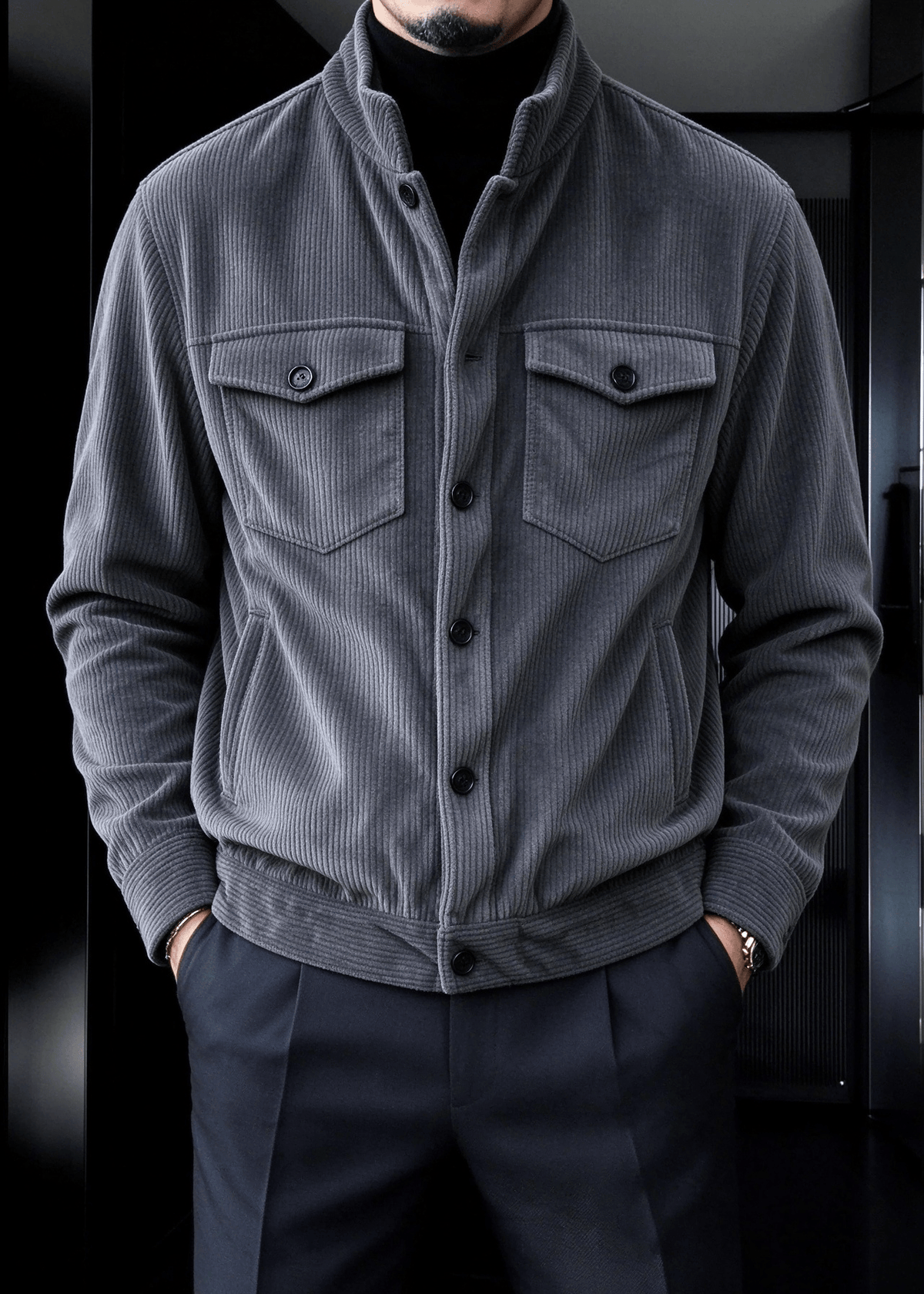 Men’s Corduroy Stand Collar Jacket – Button-Up Casual Trucker Style Overshirt Jacket