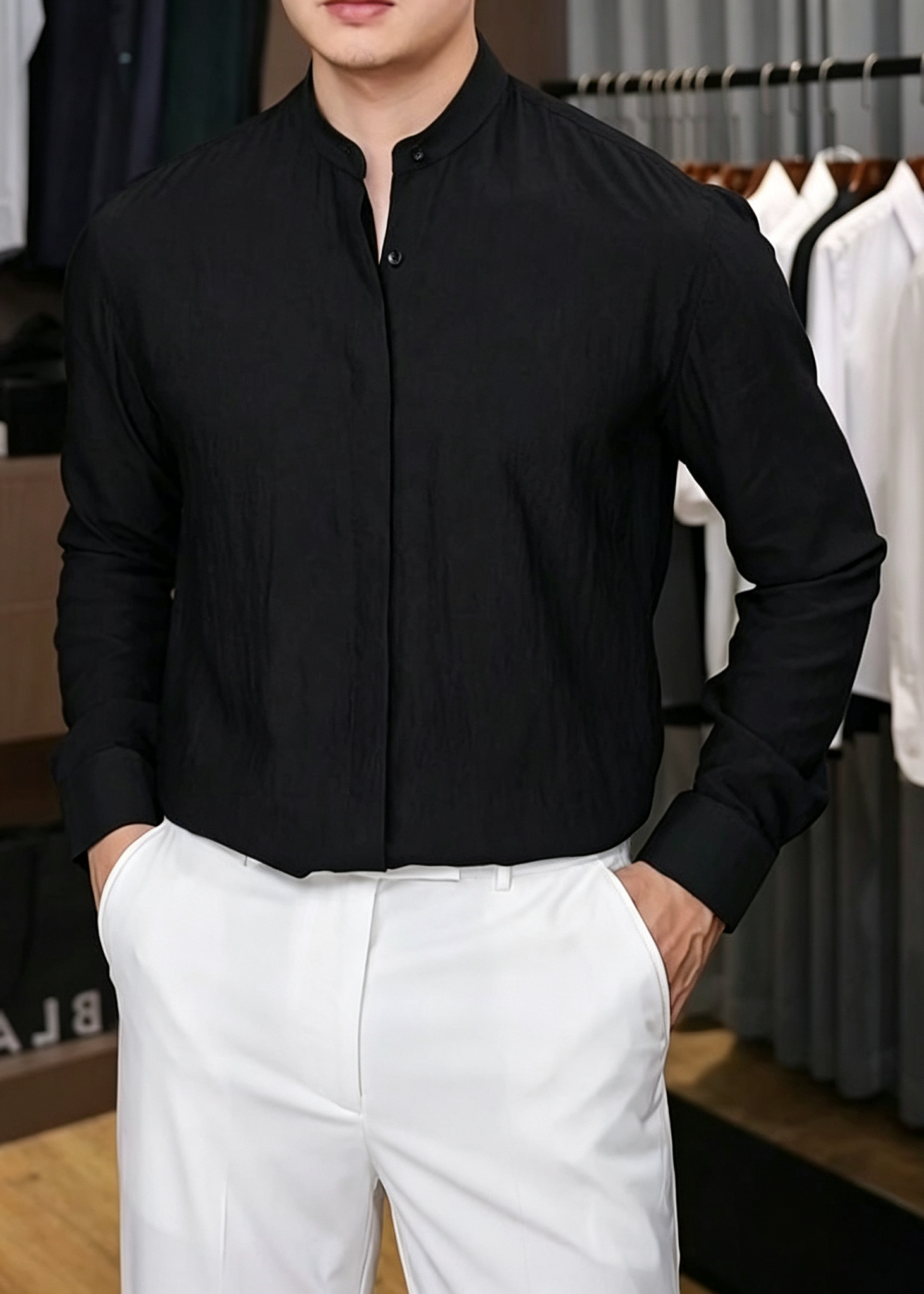 Men's Textured Linen Mandarin Collar Shirt – Lightweight Summer Casual Long Sleeve Shirt