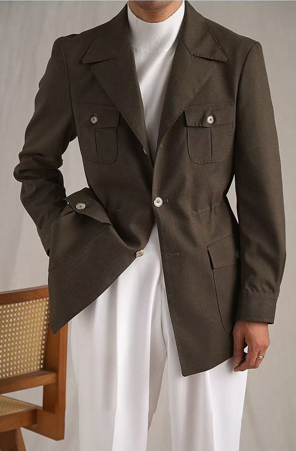 Lapel Lightweight Safari Cargo Jacket Casual Blazer