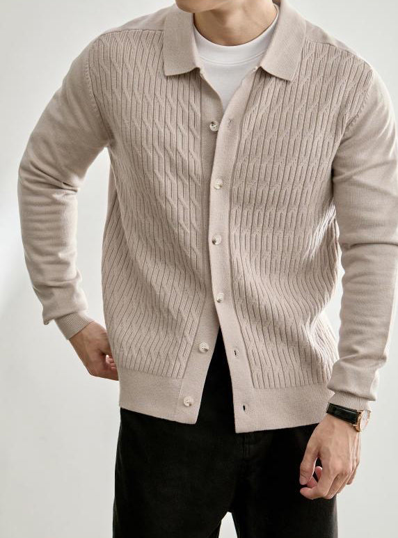 Men's Casual Polo Collar Button-Up Knit Cardigan