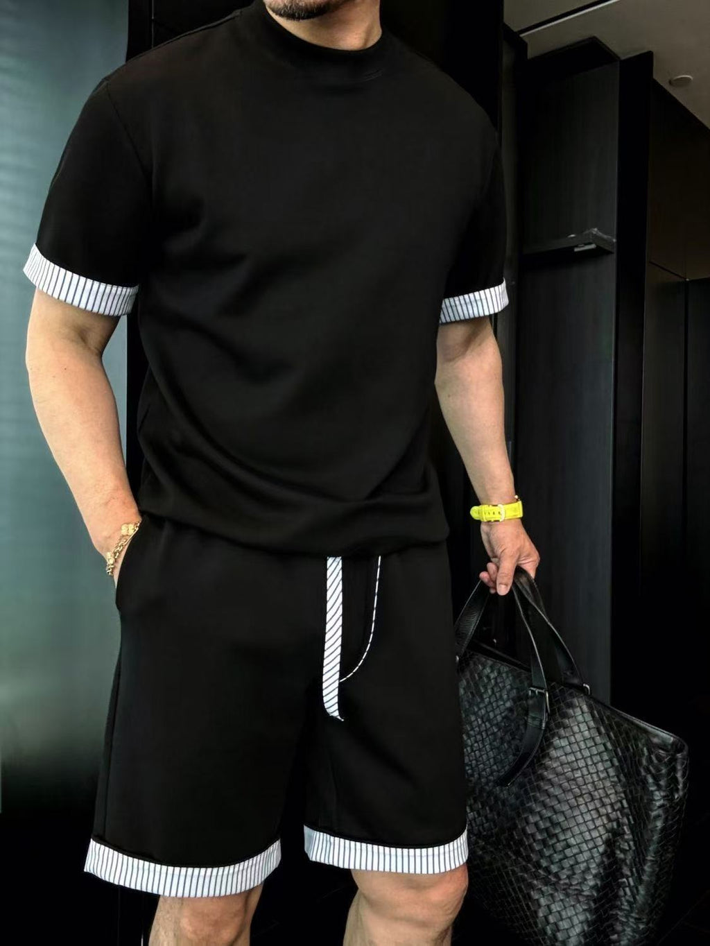 Men's Comfortable Striped Contrast Short-Sleeve Set