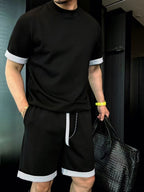Men's Comfortable Striped Contrast Short-Sleeve Set