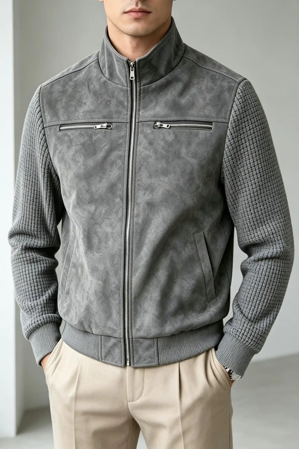 Men's Vintage Faux Suede Patchwork Stand Collar Jacket