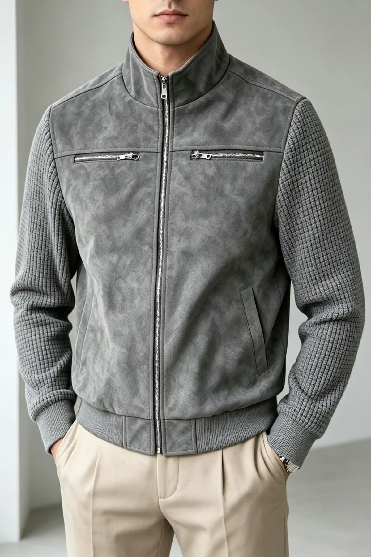 Men's Vintage Faux Suede Patchwork Stand Collar Jacket