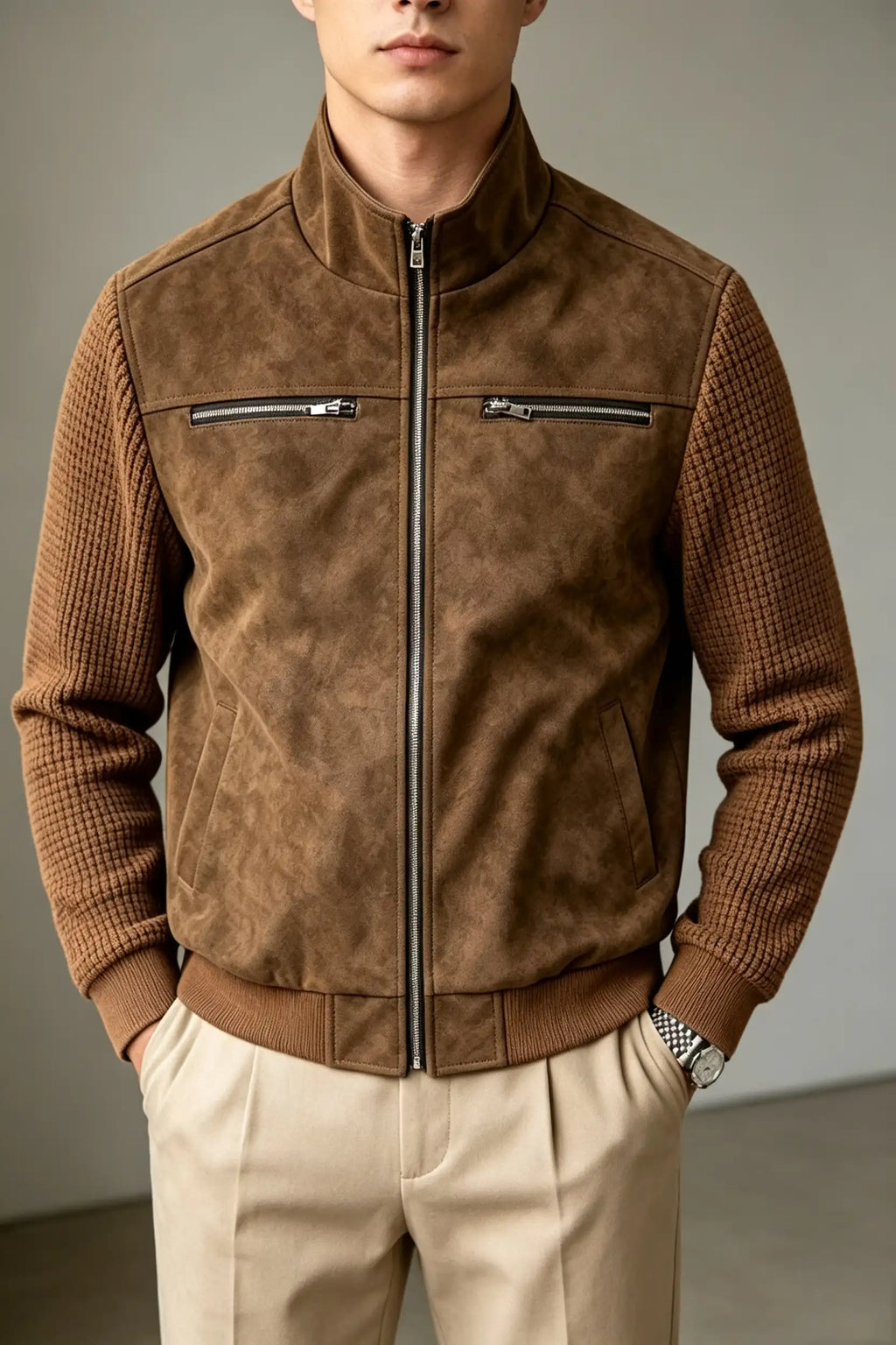 Men's Vintage Faux Suede Patchwork Stand Collar Jacket