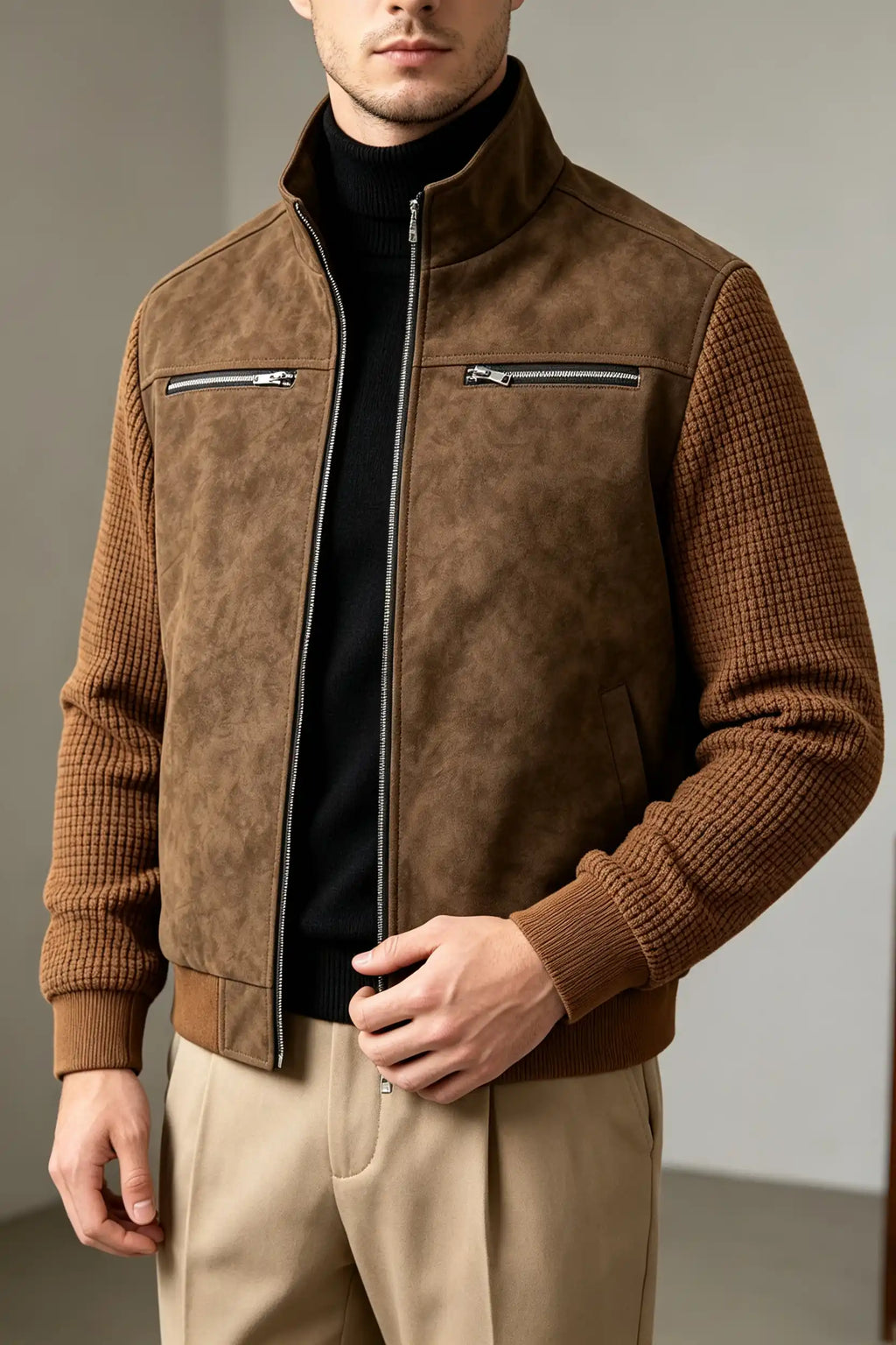 Men's Vintage Faux Suede Patchwork Stand Collar Jacket