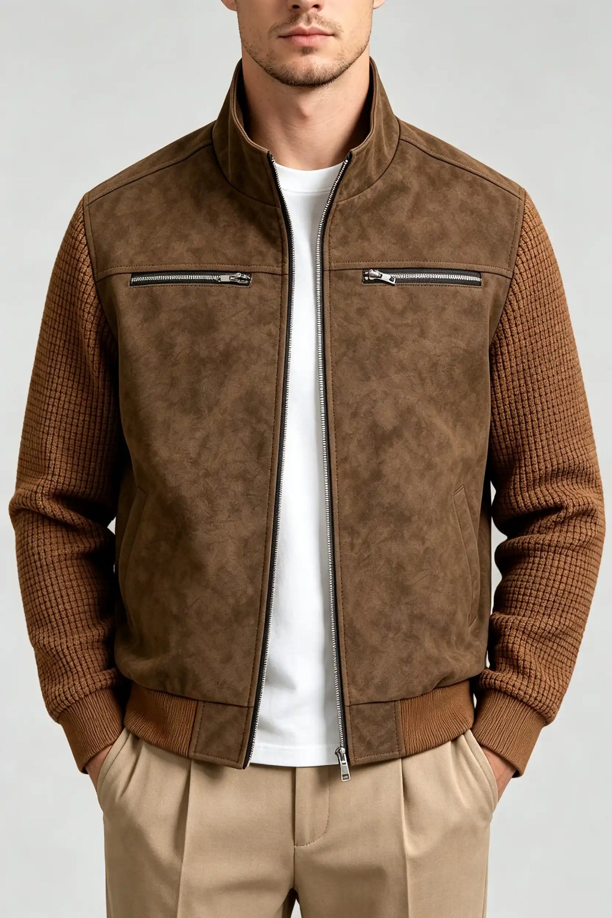 Men's Vintage Faux Suede Patchwork Stand Collar Jacket