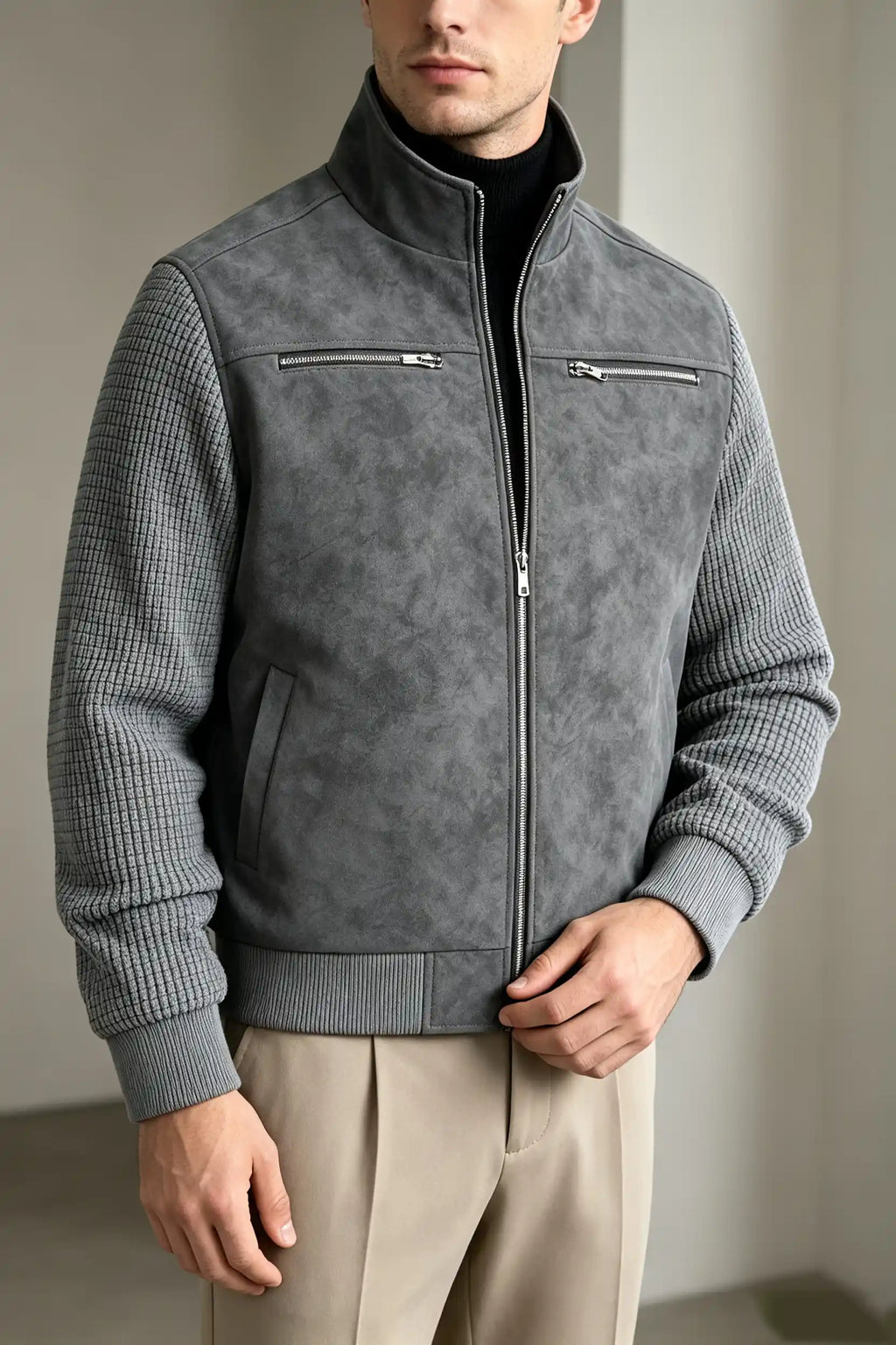 Men's Vintage Faux Suede Patchwork Stand Collar Jacket