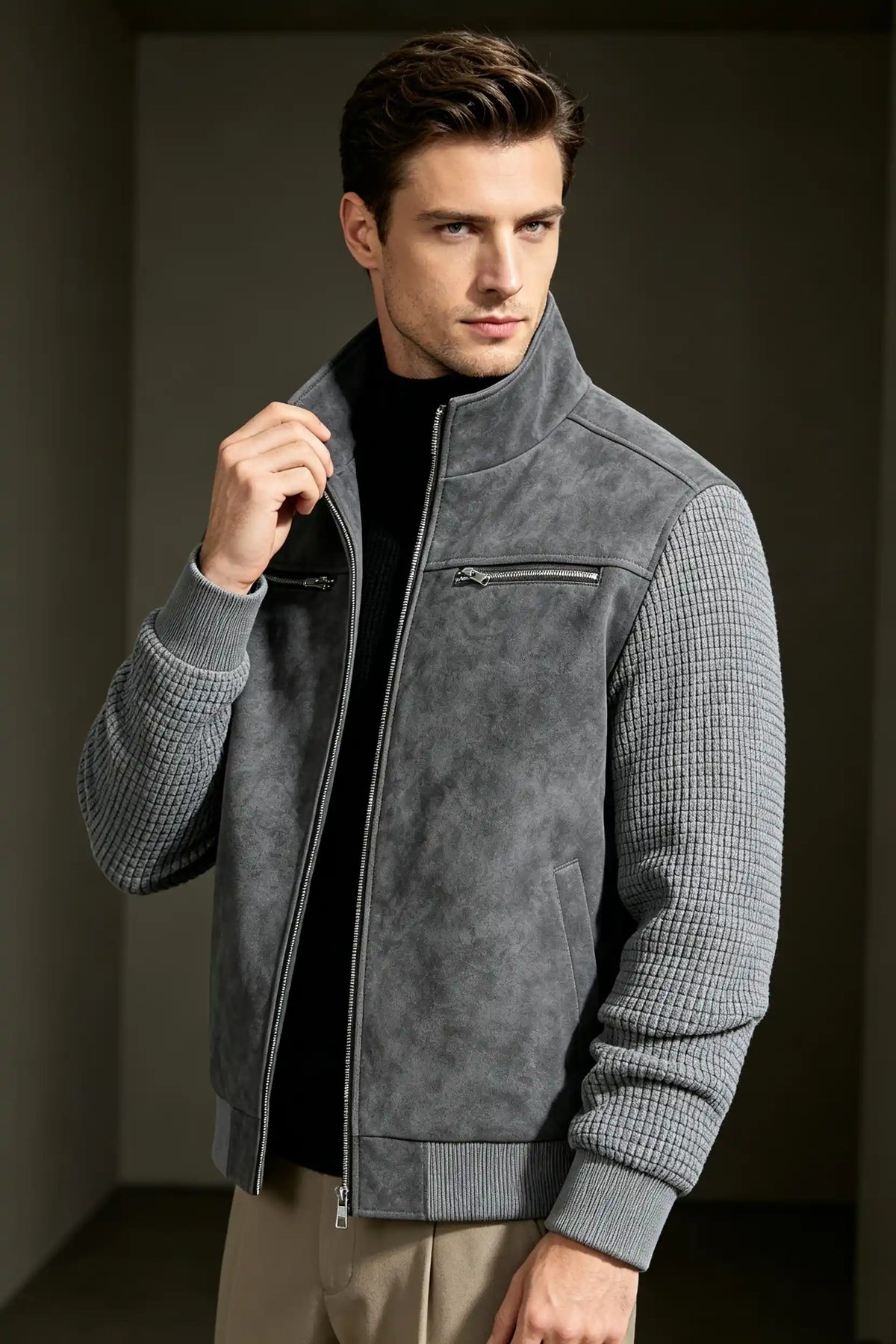 Men's Vintage Faux Suede Patchwork Stand Collar Jacket