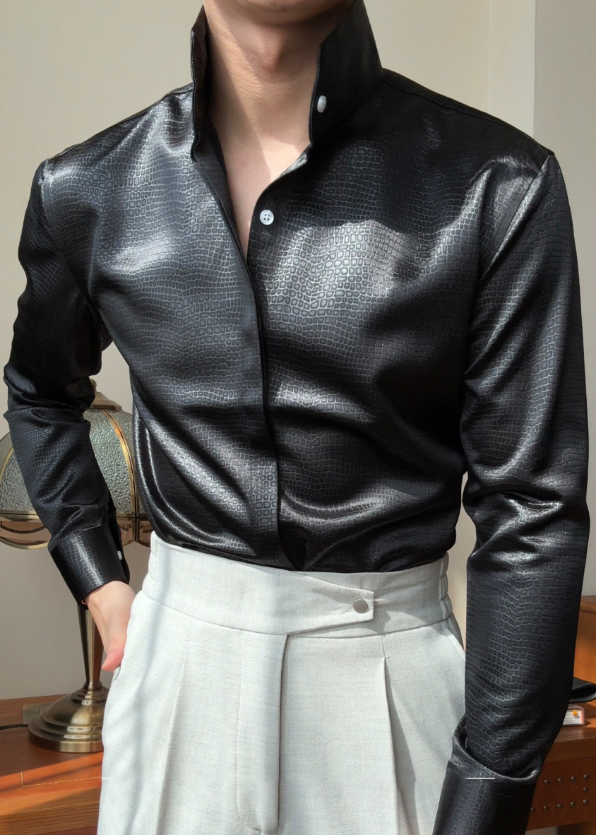 Premium Faux-Leather Texture Stand Collar Shirt - Slim Fit Metallic Gloss Long Sleeve Party & Clubwear Top