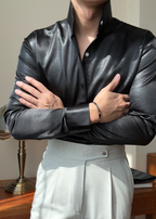 Premium Faux-Leather Texture Stand Collar Shirt - Slim Fit Metallic Gloss Long Sleeve Party & Clubwear Top