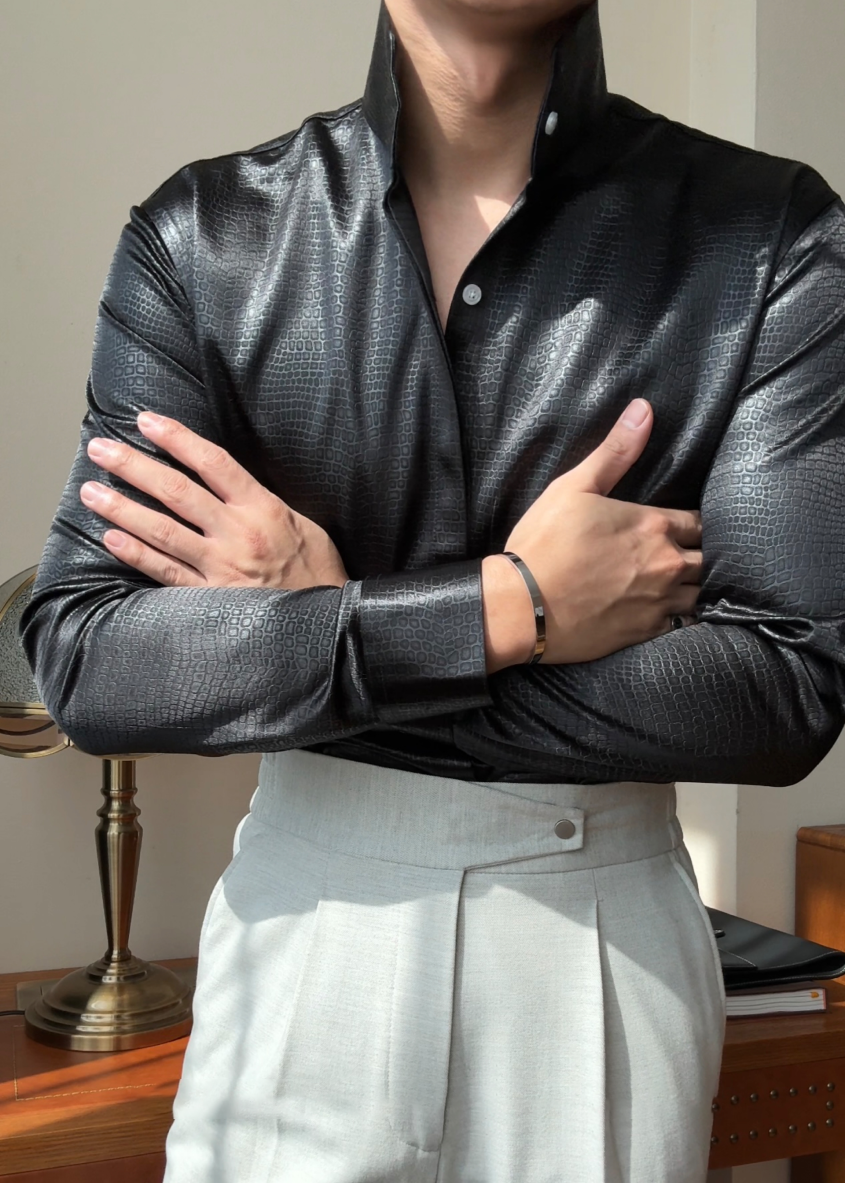 Premium Faux-Leather Texture Stand Collar Shirt - Slim Fit Metallic Gloss Long Sleeve Party & Clubwear Top