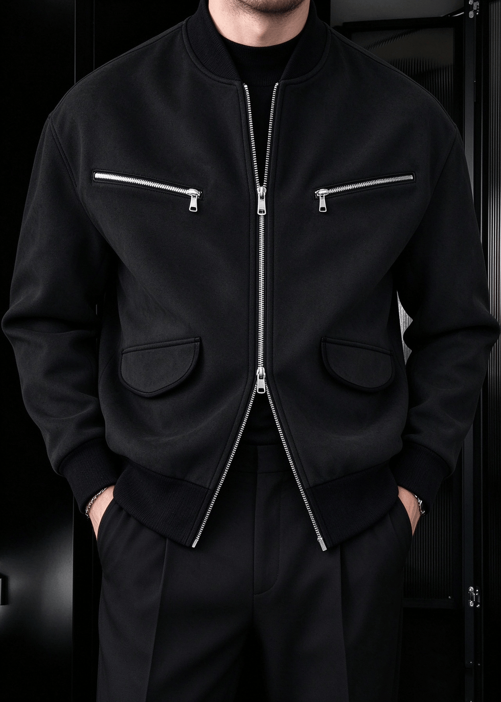 Men’s Vintage Streetwear Faux Suede Bomber Jacket – Zip Pocket Baseball Collar Casual Coat