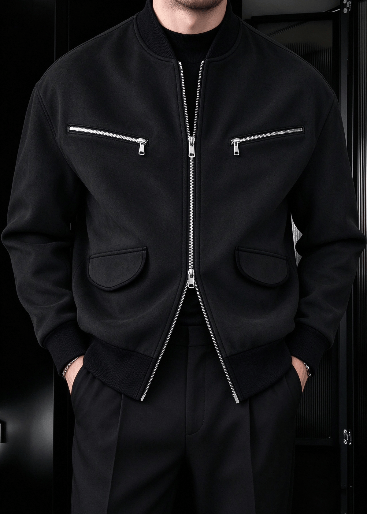 Men’s Vintage Streetwear Faux Suede Bomber Jacket – Zip Pocket Baseball Collar Casual Coat