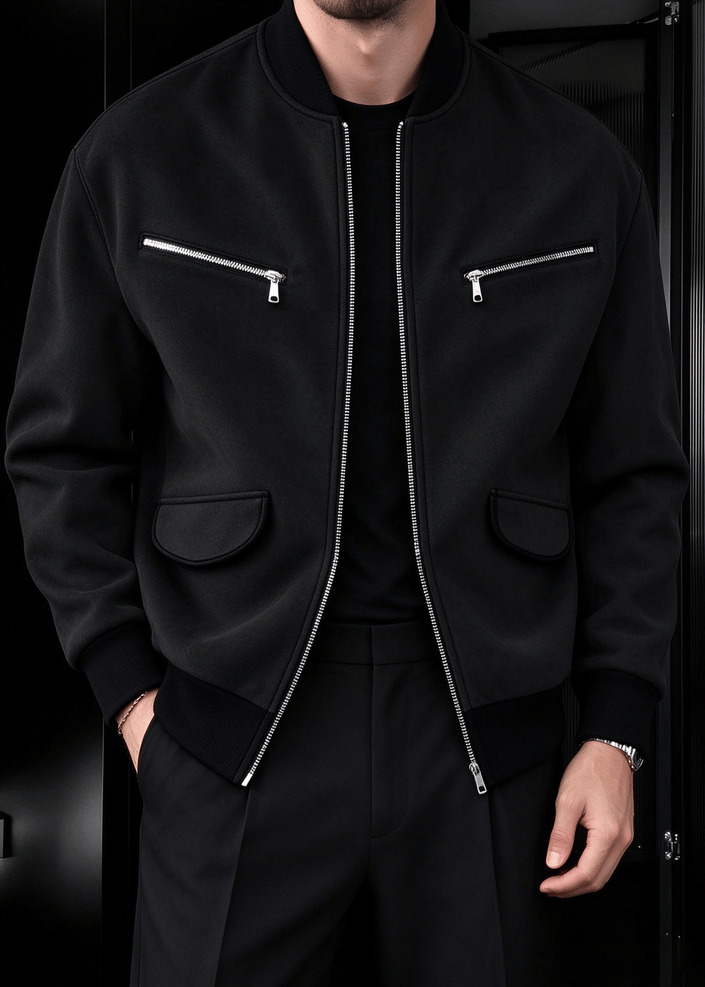 Men’s Vintage Streetwear Faux Suede Bomber Jacket – Zip Pocket Baseball Collar Casual Coat