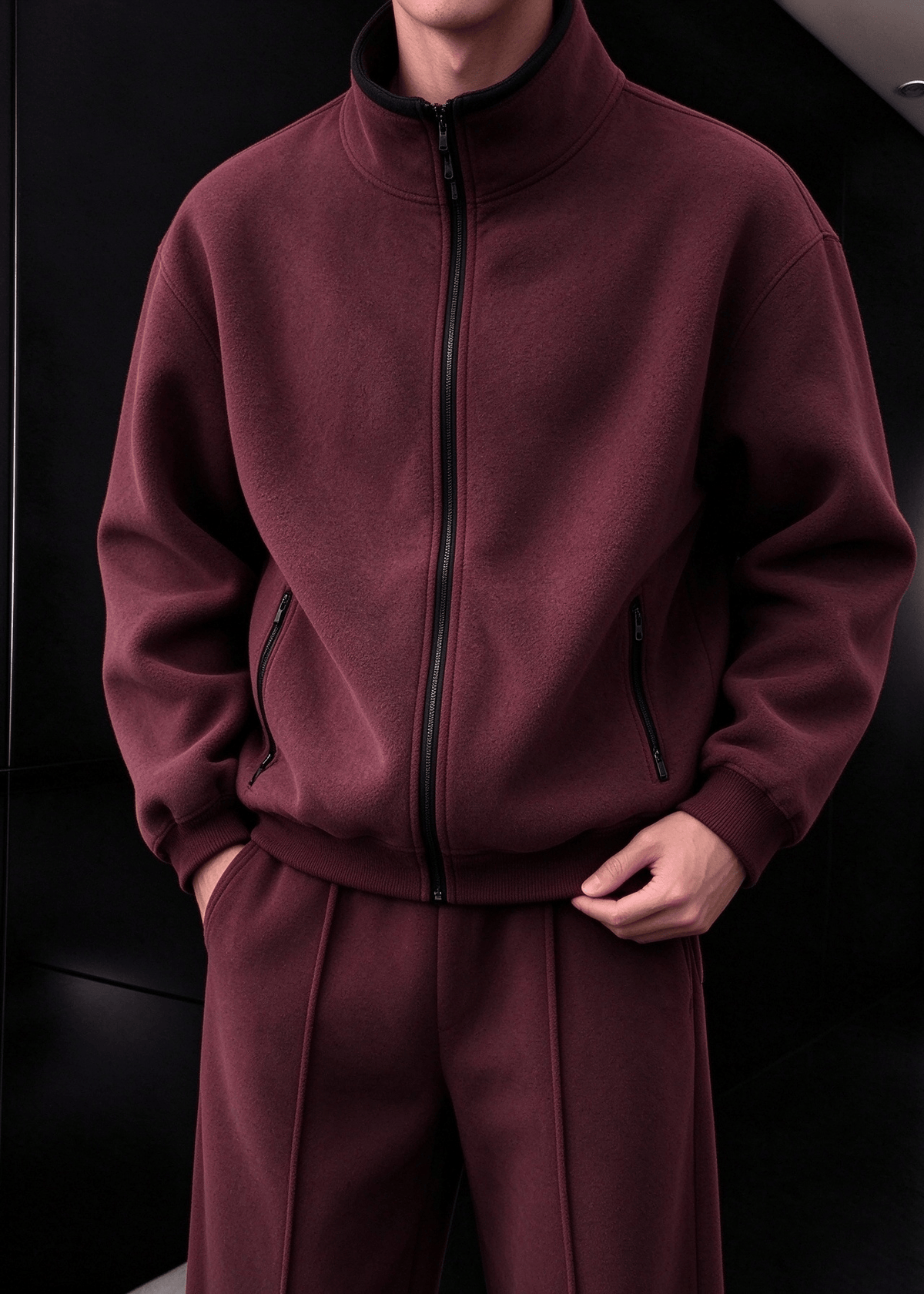 Men’s Heavyweight Fleece Two-Piece Set – Stand Collar Zip Jacket & Wide-Leg Pants