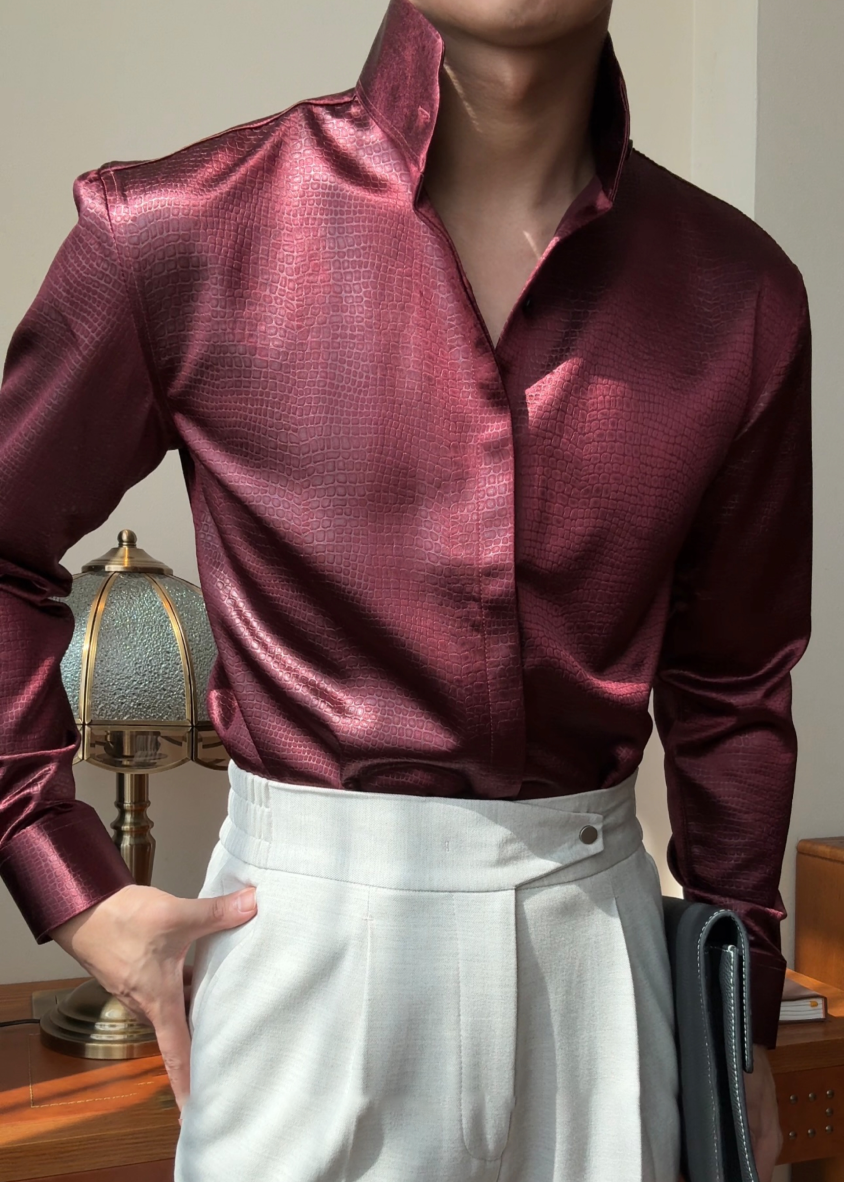 Premium Faux-Leather Texture Stand Collar Shirt - Slim Fit Metallic Gloss Long Sleeve Party & Clubwear Top