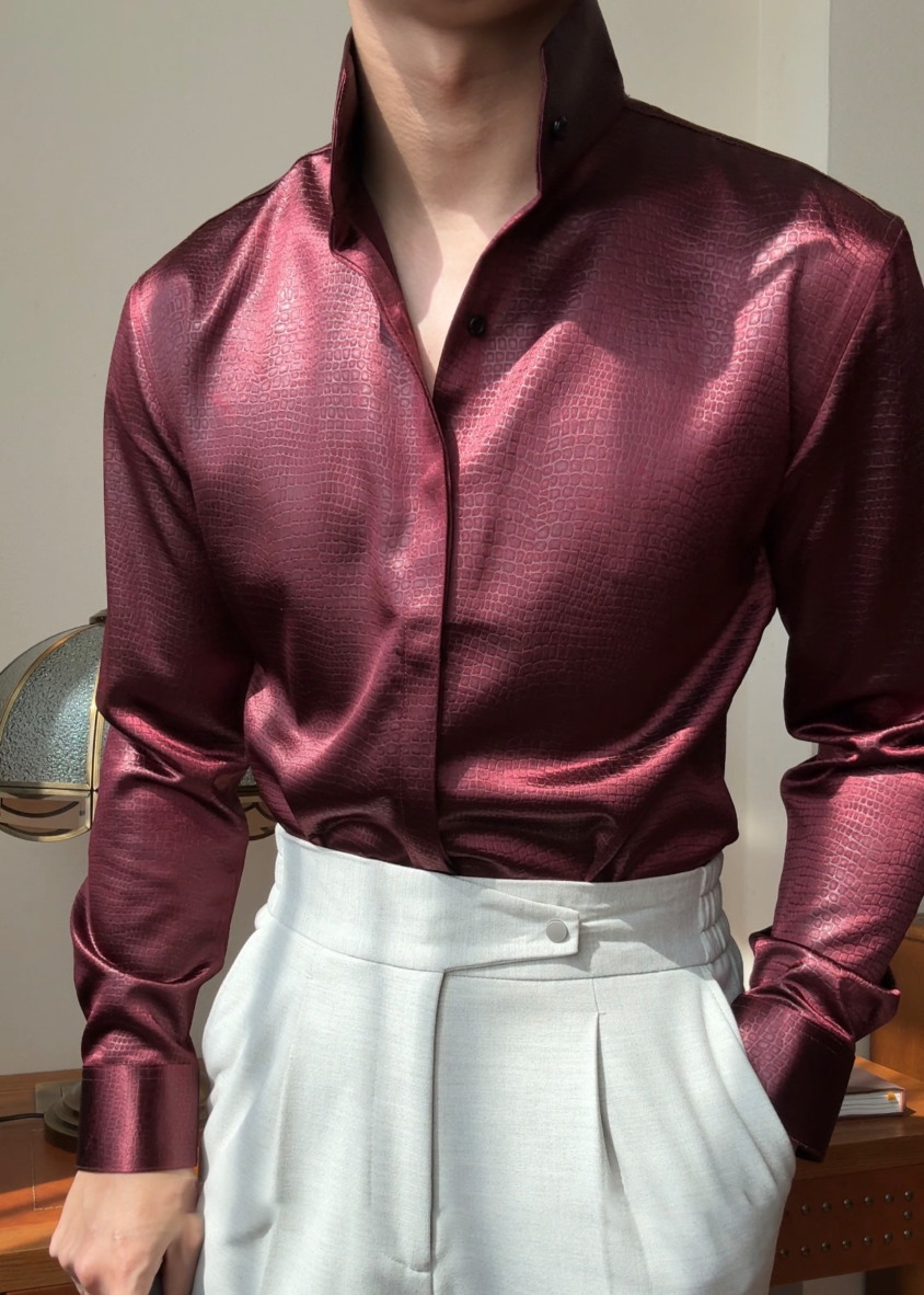 Premium Faux-Leather Texture Stand Collar Shirt - Slim Fit Metallic Gloss Long Sleeve Party & Clubwear Top