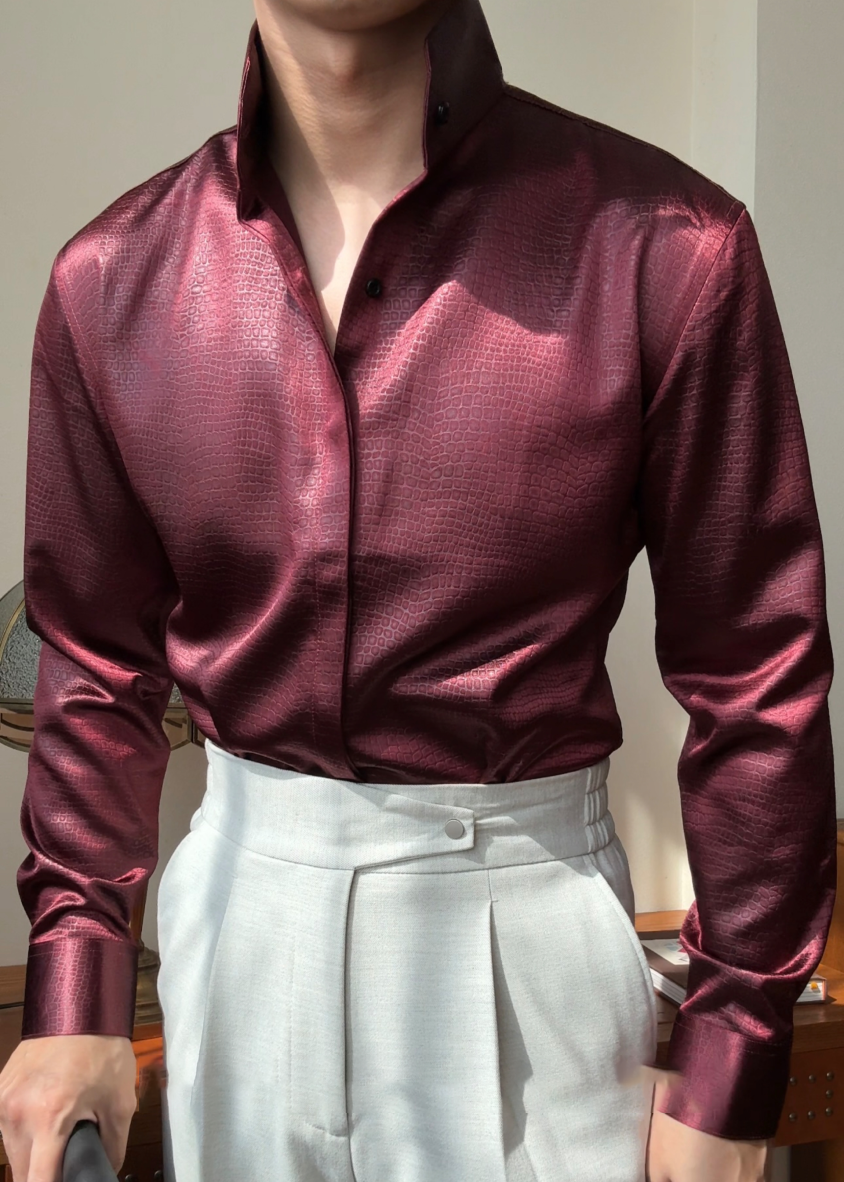 Premium Faux-Leather Texture Stand Collar Shirt - Slim Fit Metallic Gloss Long Sleeve Party & Clubwear Top
