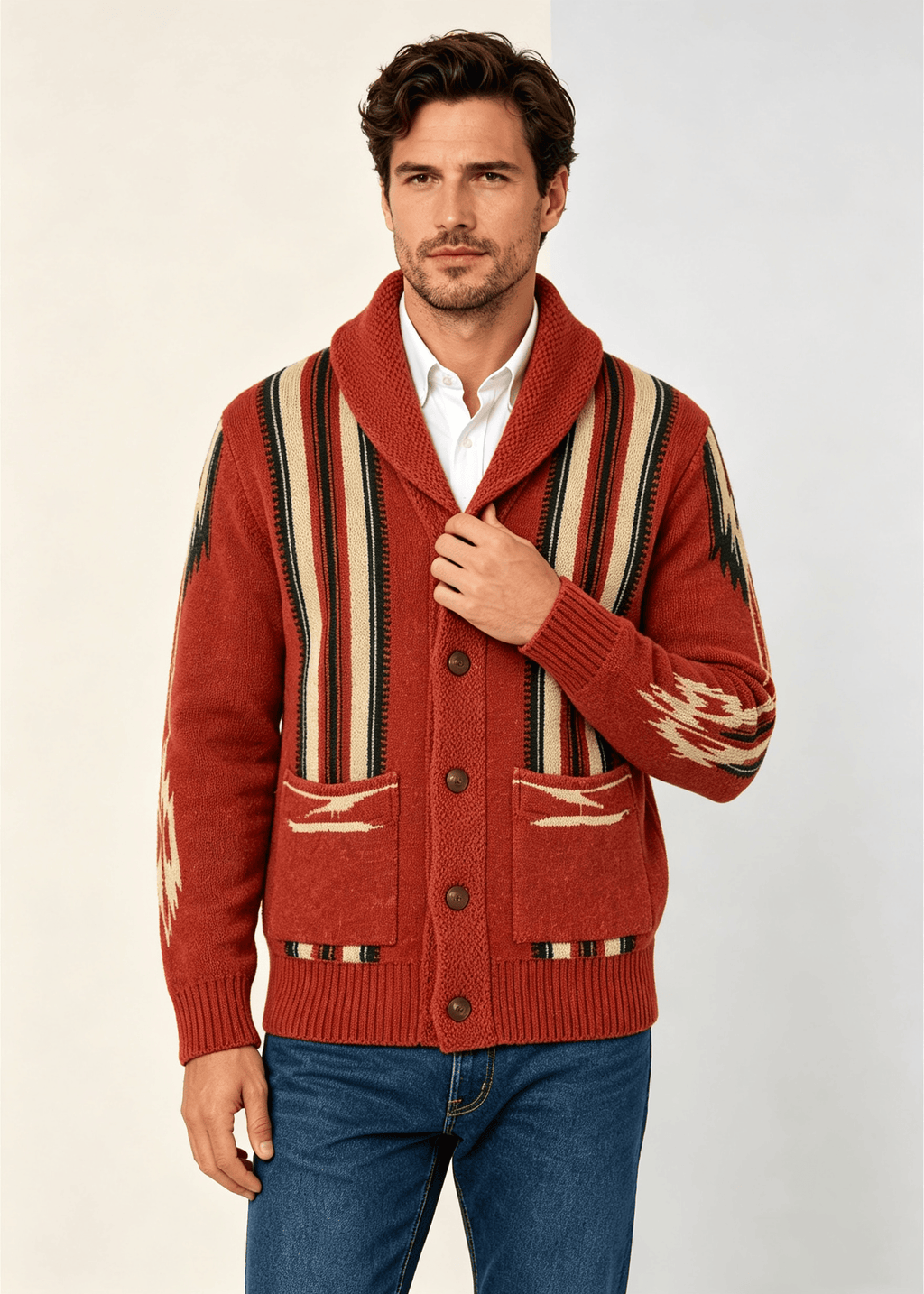 Men's Shawl Collar Striped Jacquard Cardigan – Loose Fit Casual Knit Sweater Jacket