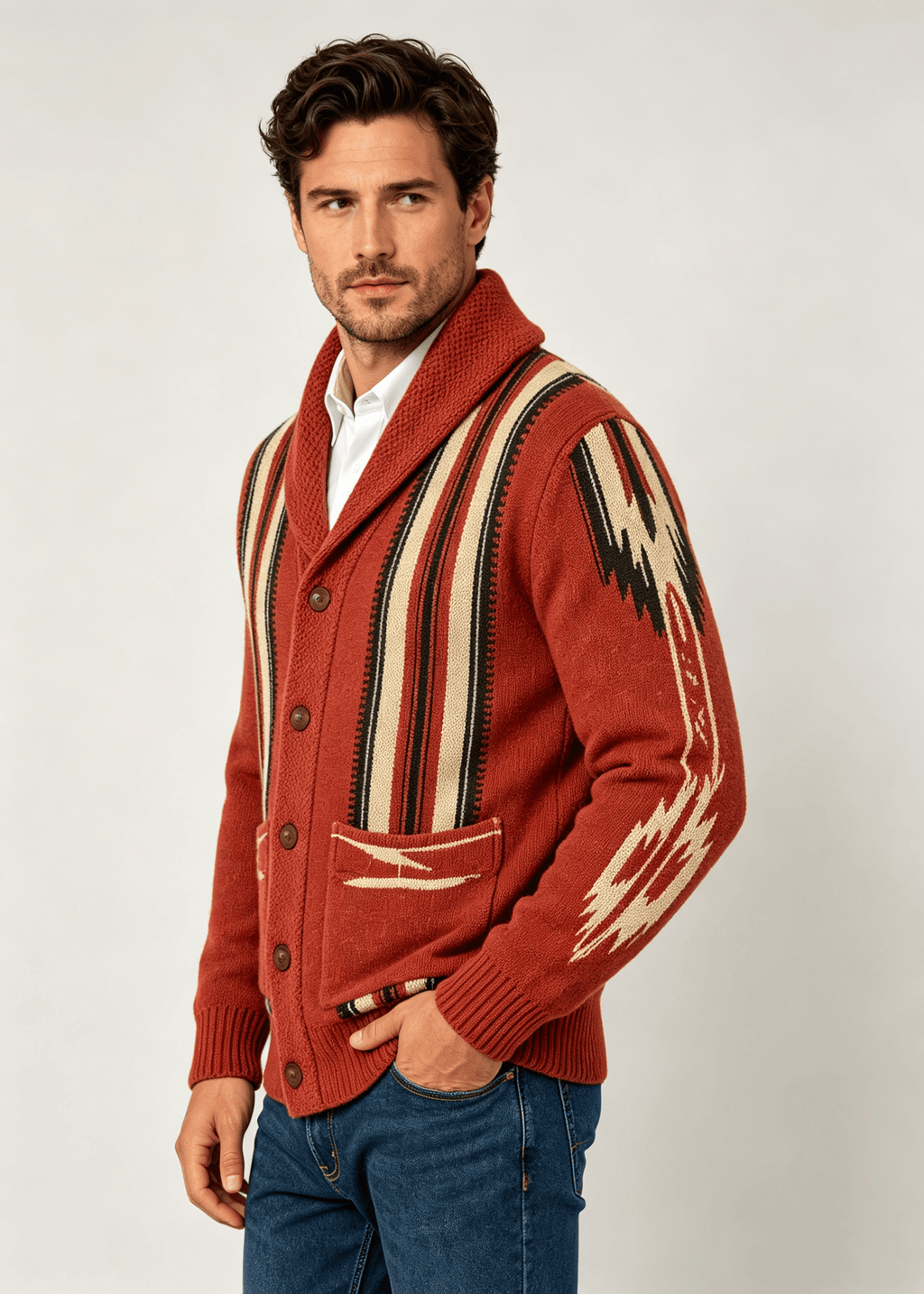 Men's Shawl Collar Striped Jacquard Cardigan – Loose Fit Casual Knit Sweater Jacket