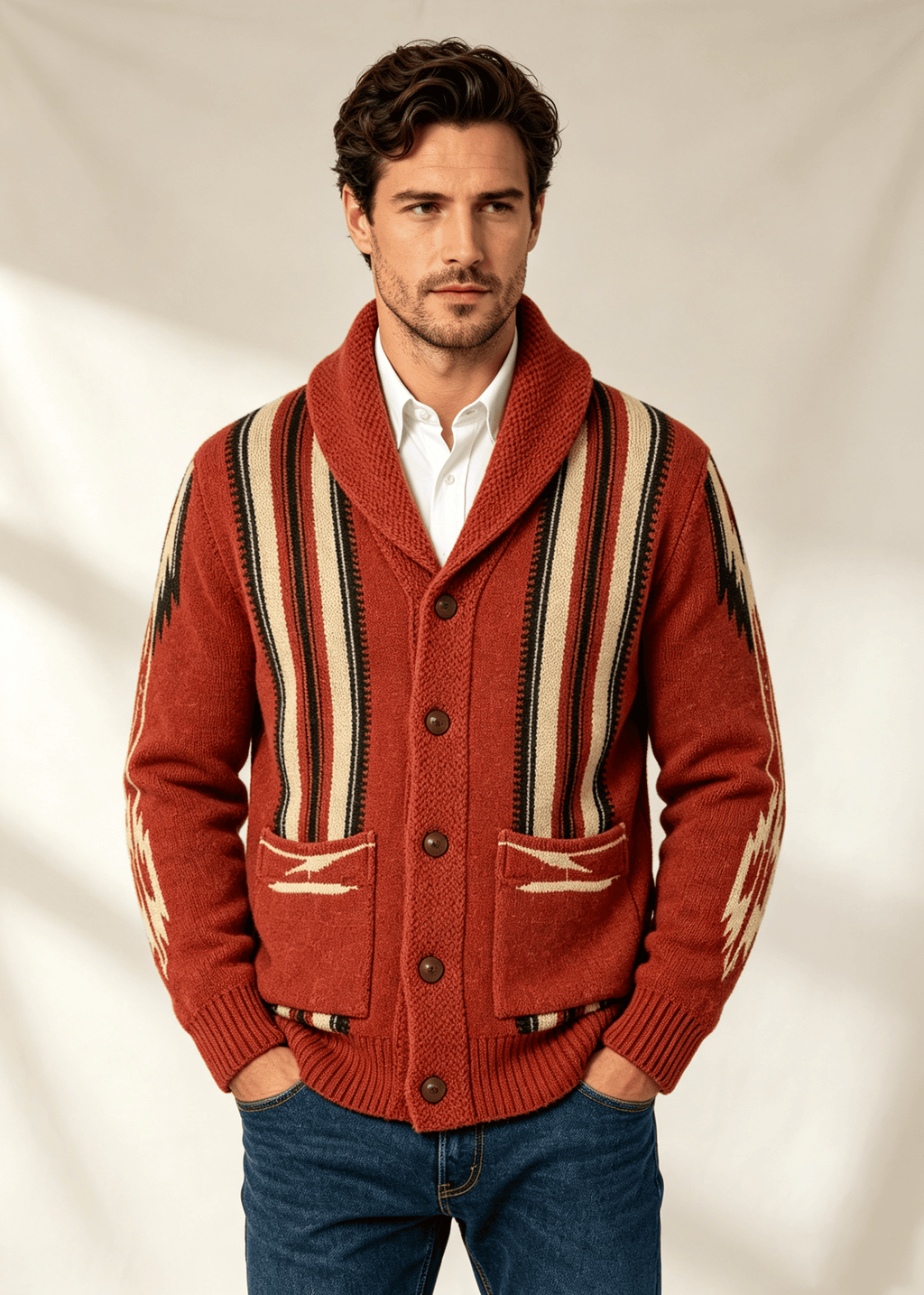 Men's Shawl Collar Striped Jacquard Cardigan – Loose Fit Casual Knit Sweater Jacket
