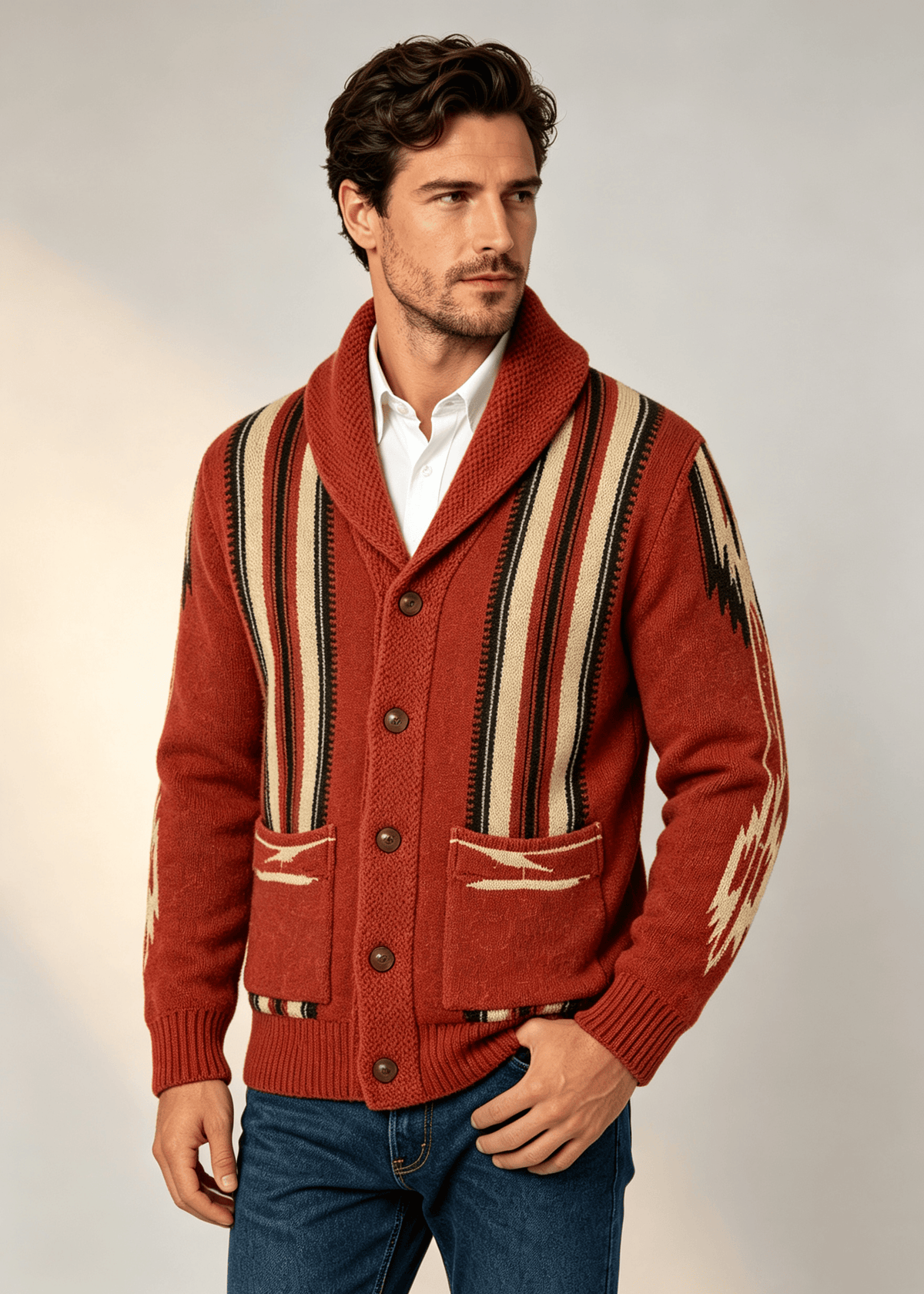 Men's Shawl Collar Striped Jacquard Cardigan – Loose Fit Casual Knit Sweater Jacket