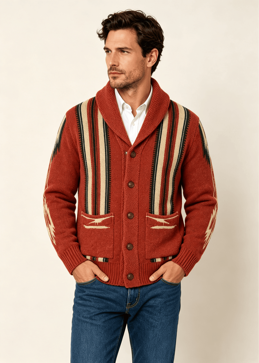 Men's Shawl Collar Striped Jacquard Cardigan – Loose Fit Casual Knit Sweater Jacket