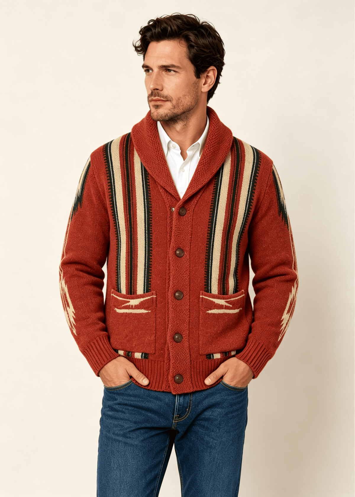 Men's Shawl Collar Striped Jacquard Cardigan – Loose Fit Casual Knit Sweater Jacket