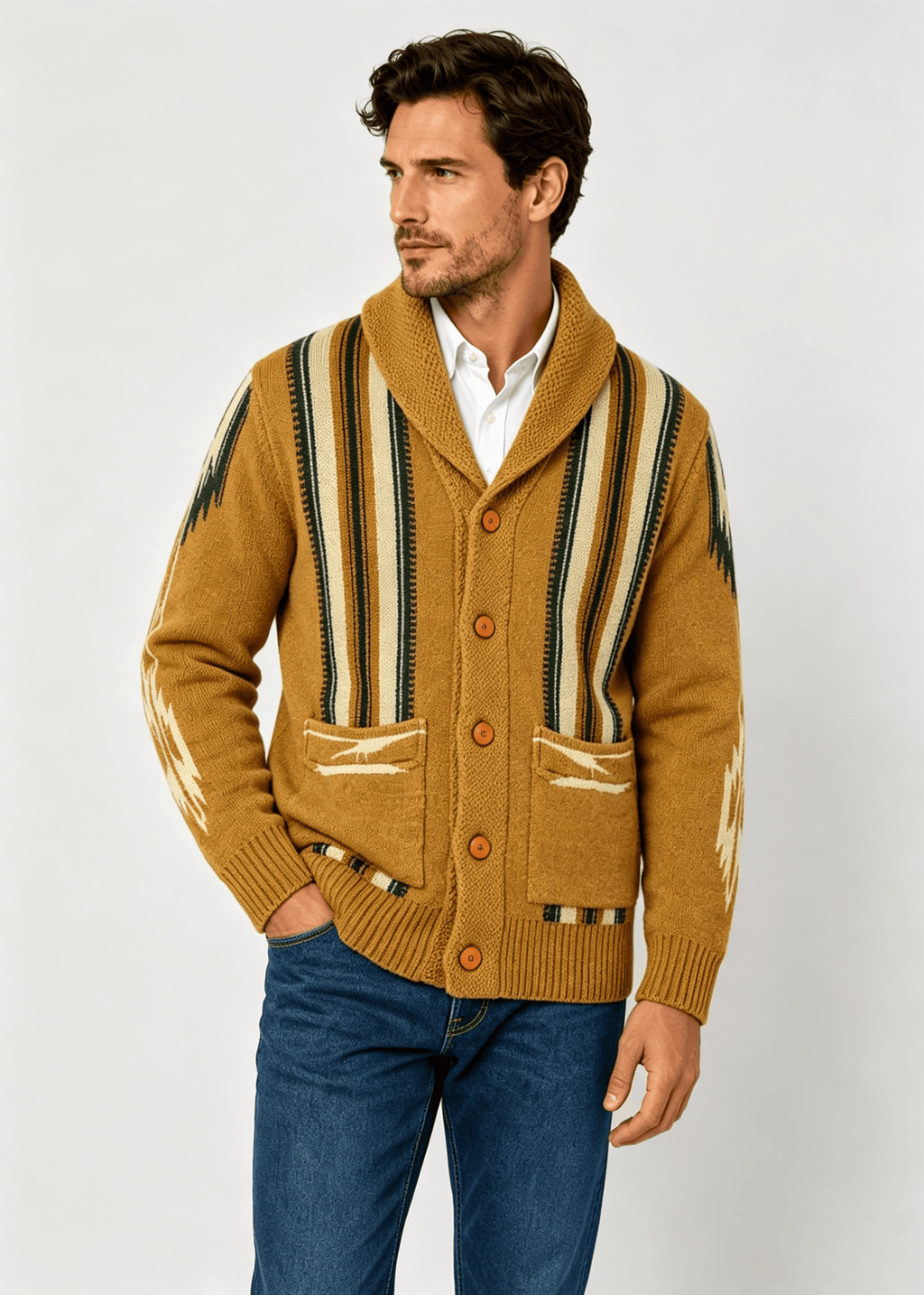 Men's Shawl Collar Striped Jacquard Cardigan – Loose Fit Casual Knit Sweater Jacket