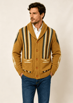 Men's Shawl Collar Striped Jacquard Cardigan – Loose Fit Casual Knit Sweater Jacket