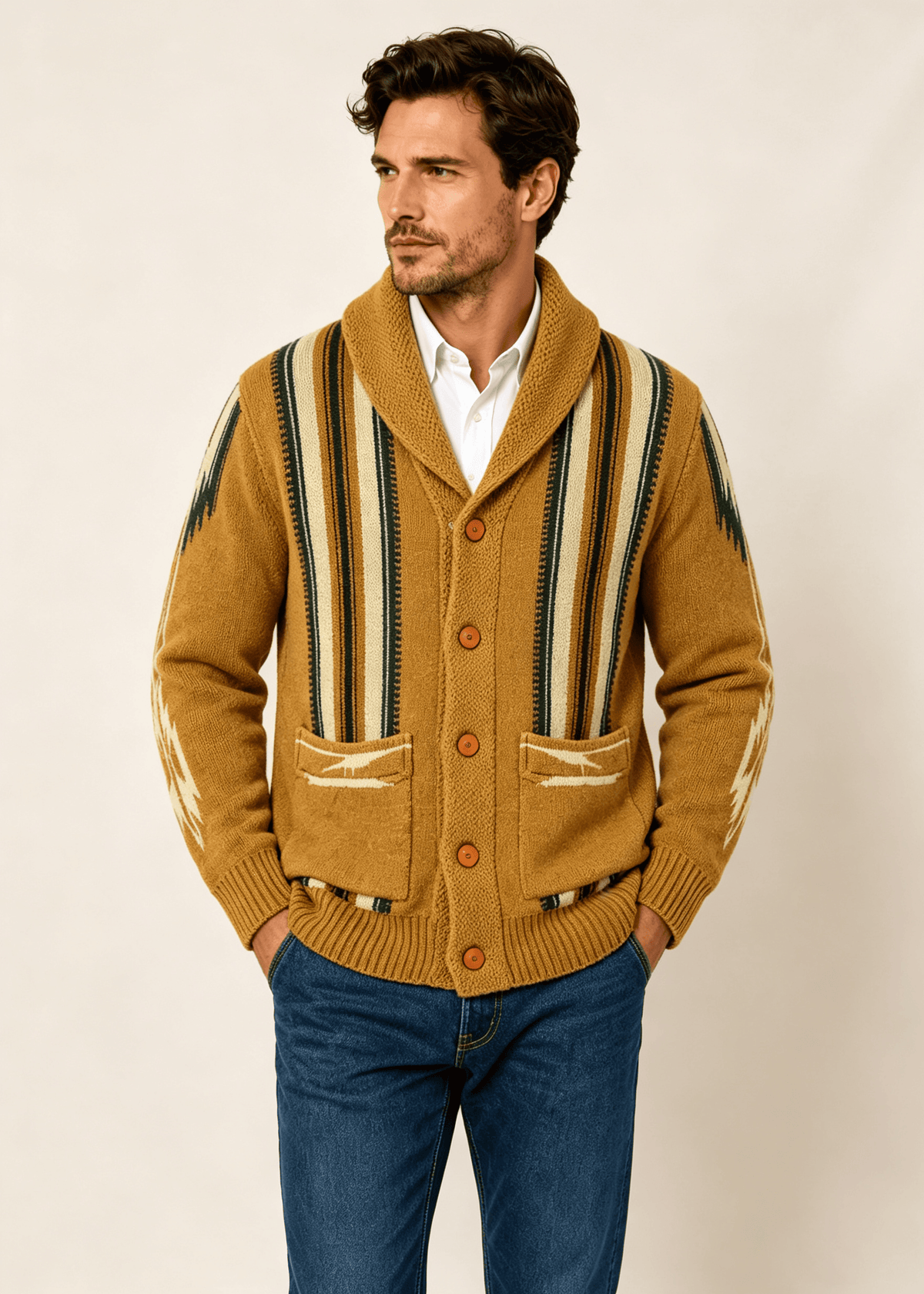 Men's Shawl Collar Striped Jacquard Cardigan – Loose Fit Casual Knit Sweater Jacket