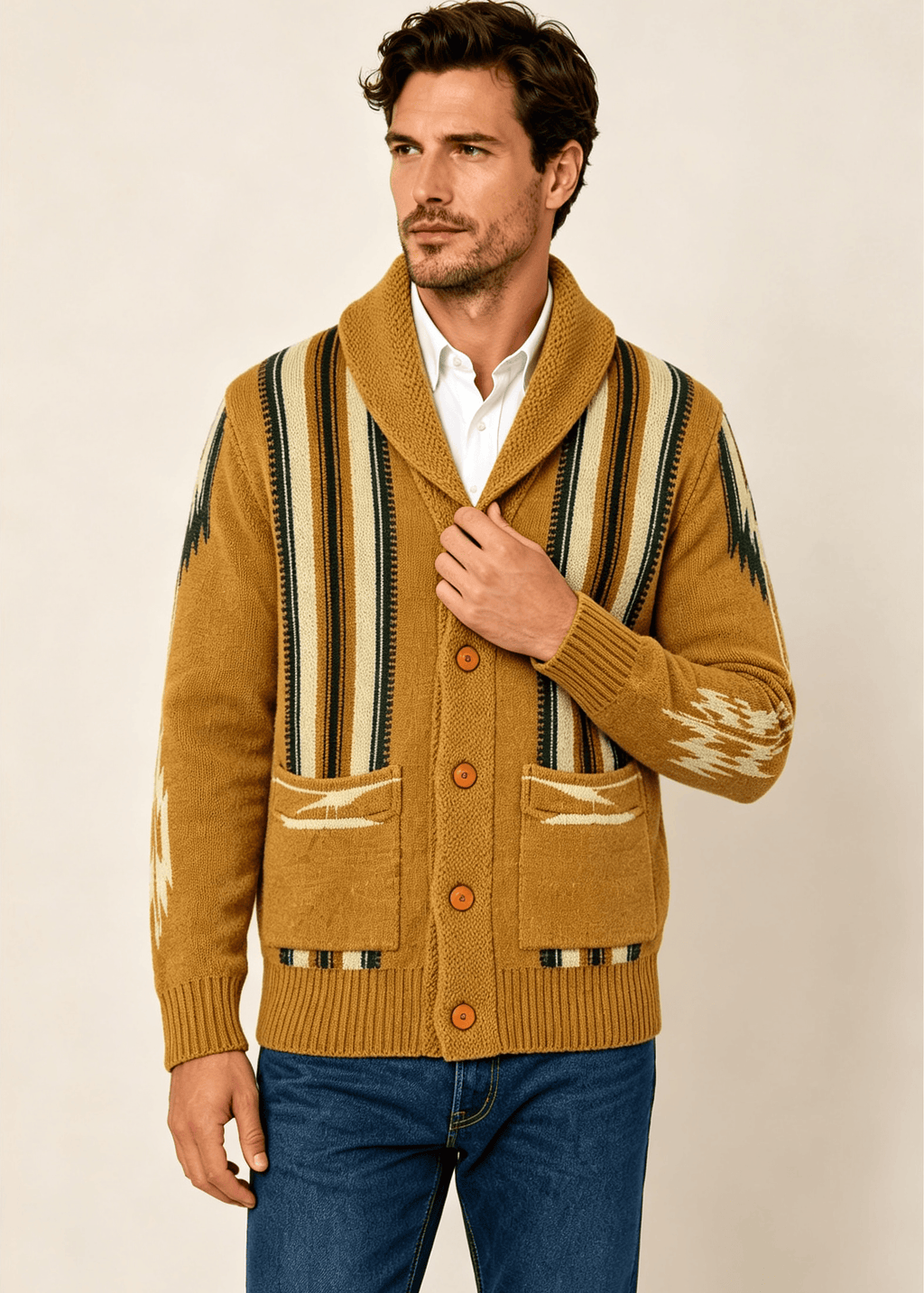 Men's Shawl Collar Striped Jacquard Cardigan – Loose Fit Casual Knit Sweater Jacket