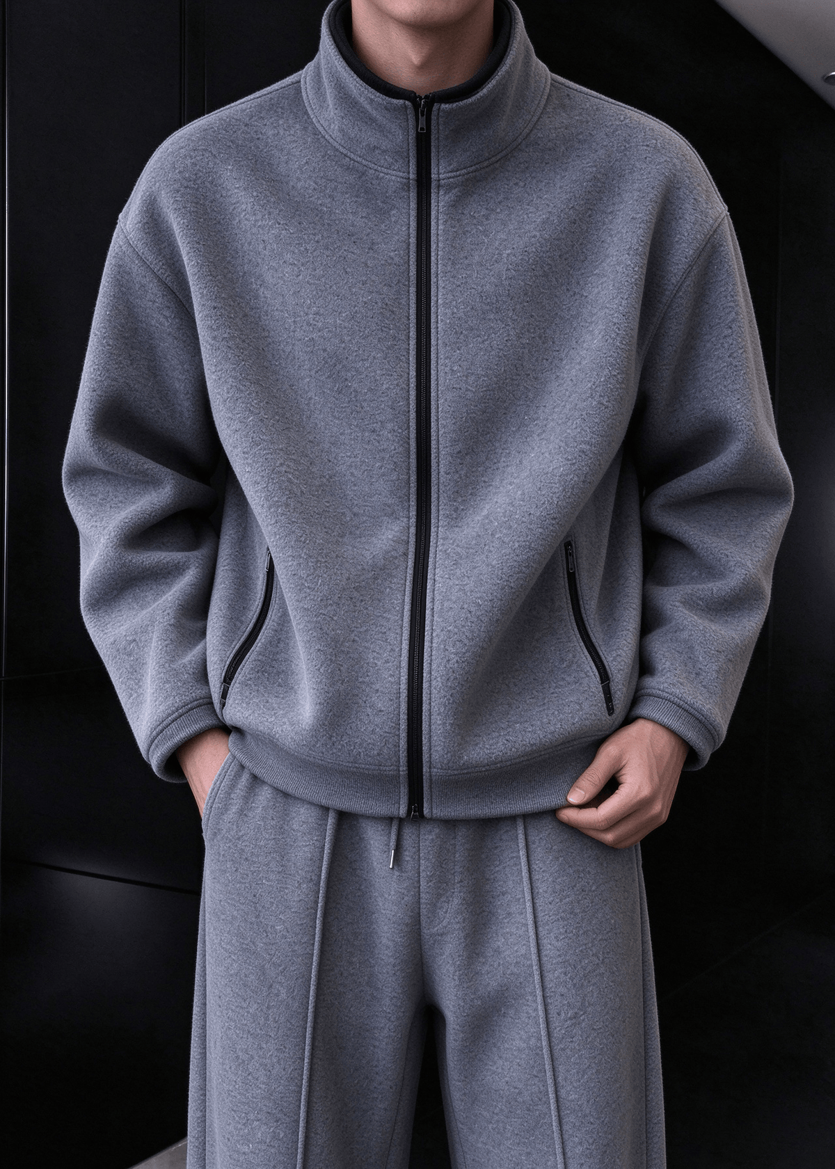 Men’s Heavyweight Fleece Two-Piece Set – Stand Collar Zip Jacket & Wide-Leg Pants