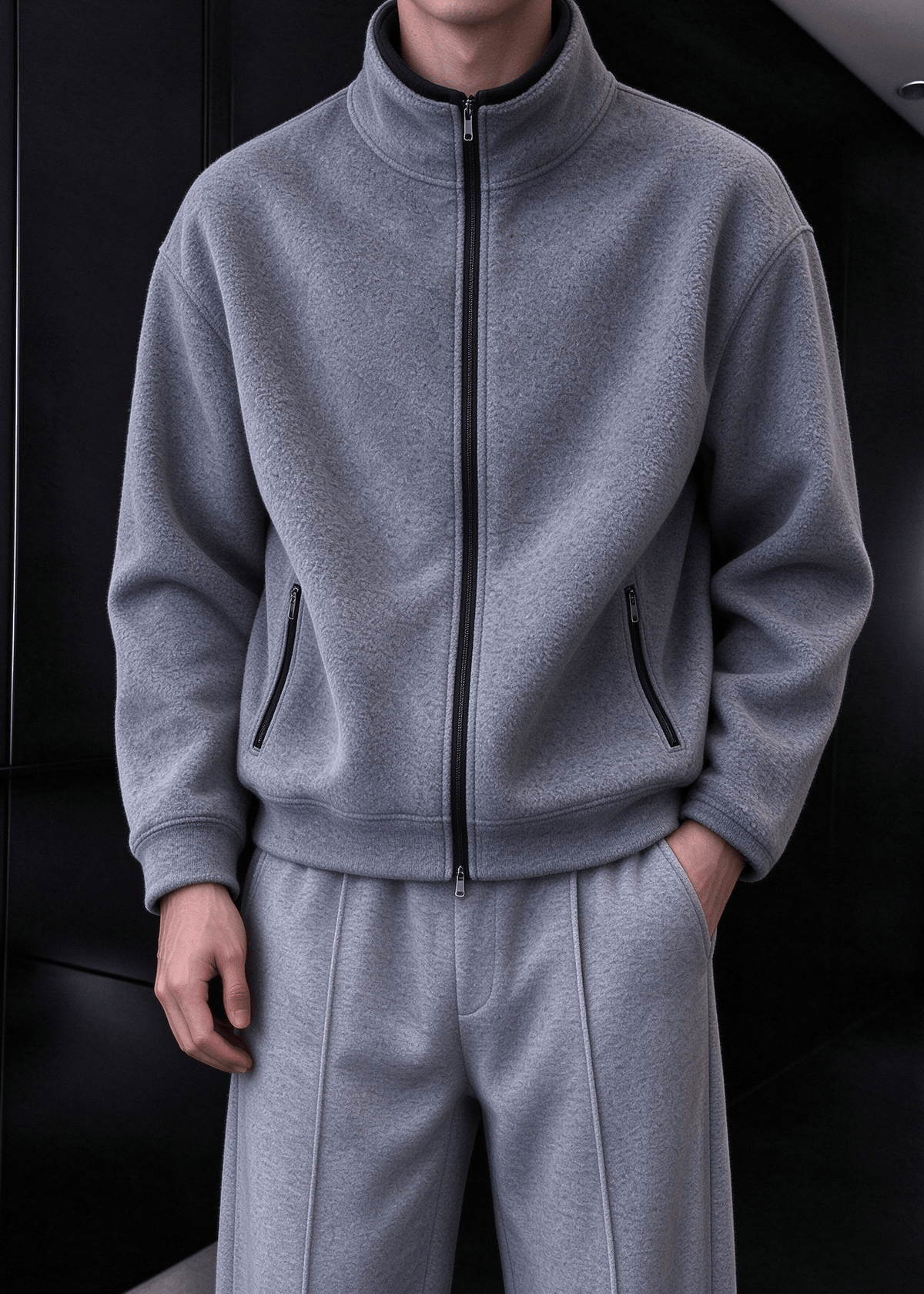 Men’s Heavyweight Fleece Two-Piece Set – Stand Collar Zip Jacket & Wide-Leg Pants