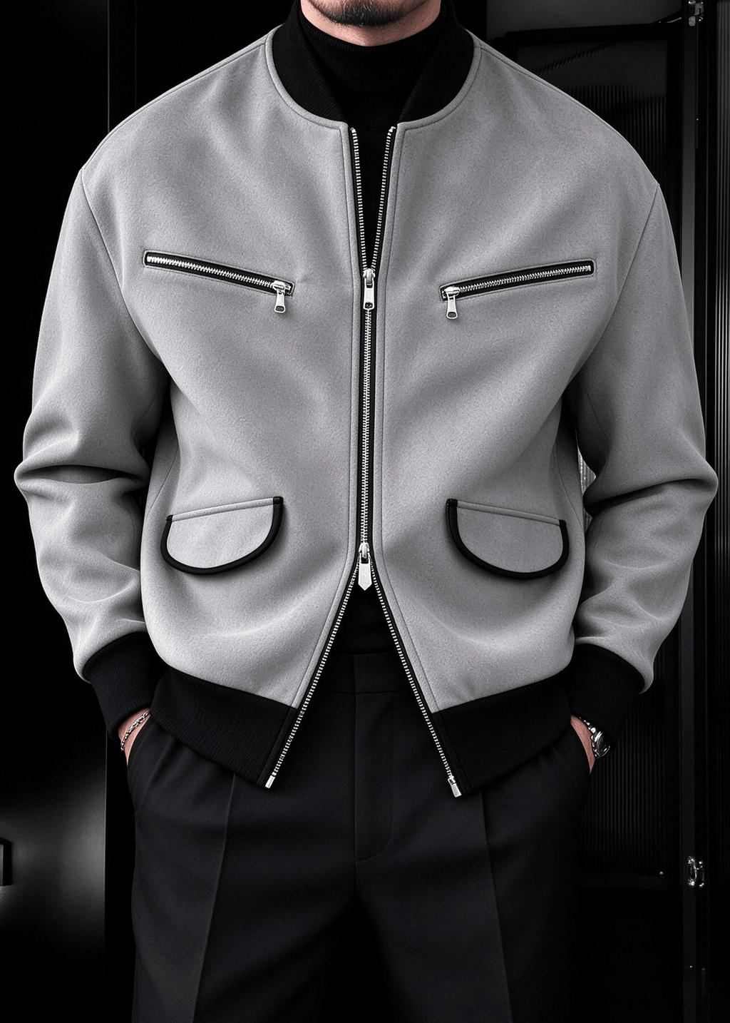 Men’s Vintage Streetwear Faux Suede Bomber Jacket – Zip Pocket Baseball Collar Casual Coat