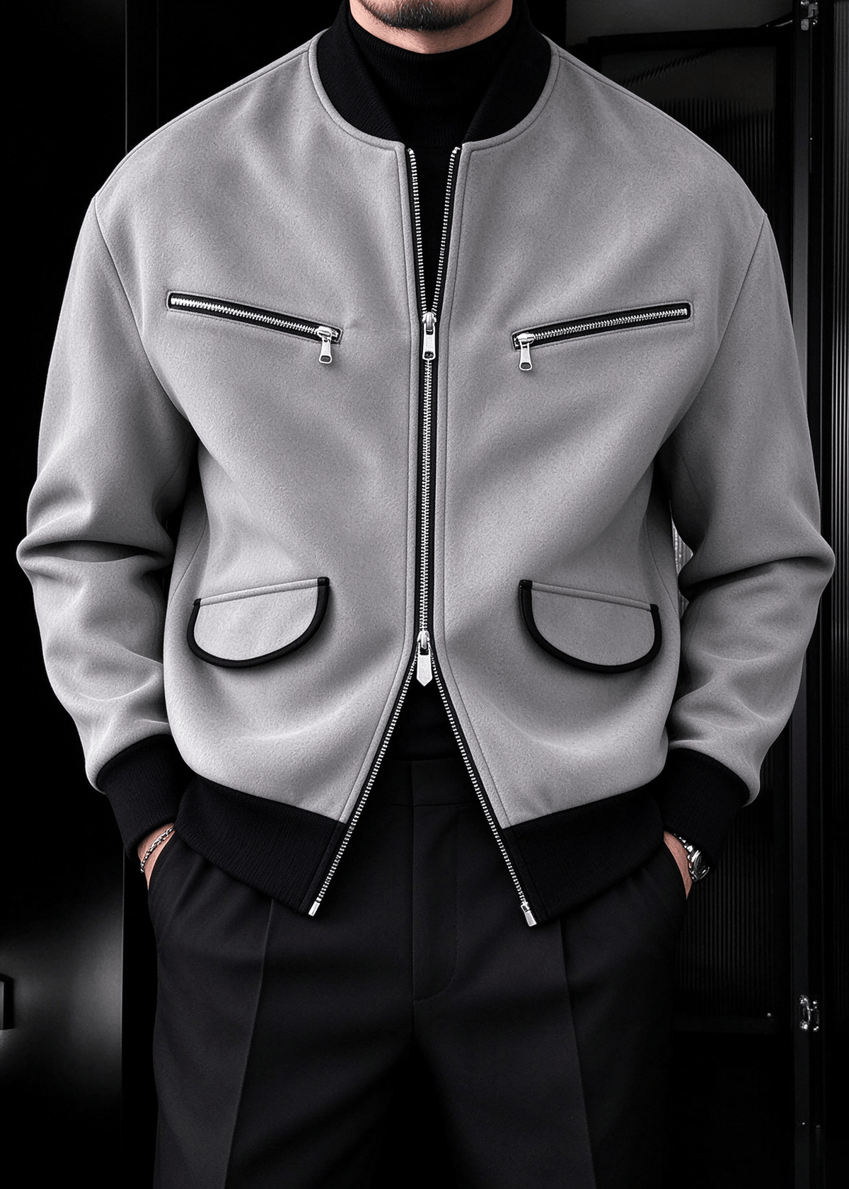 Men’s Vintage Streetwear Faux Suede Bomber Jacket – Zip Pocket Baseball Collar Casual Coat