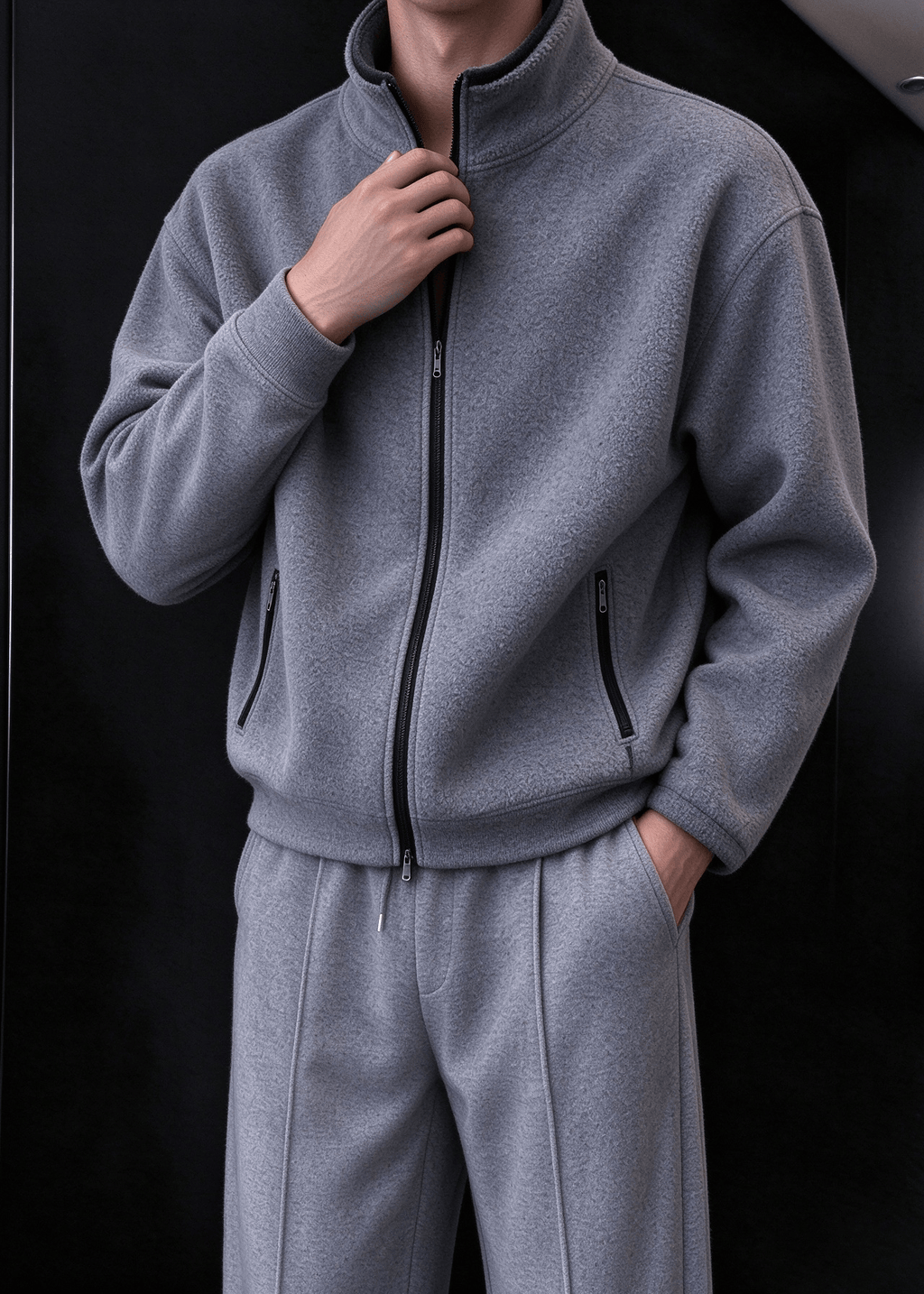 Men’s Heavyweight Fleece Two-Piece Set – Stand Collar Zip Jacket & Wide-Leg Pants