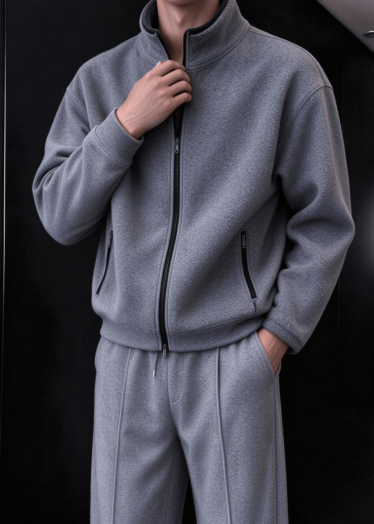 Men’s Heavyweight Fleece Two-Piece Set – Stand Collar Zip Jacket & Wide-Leg Pants