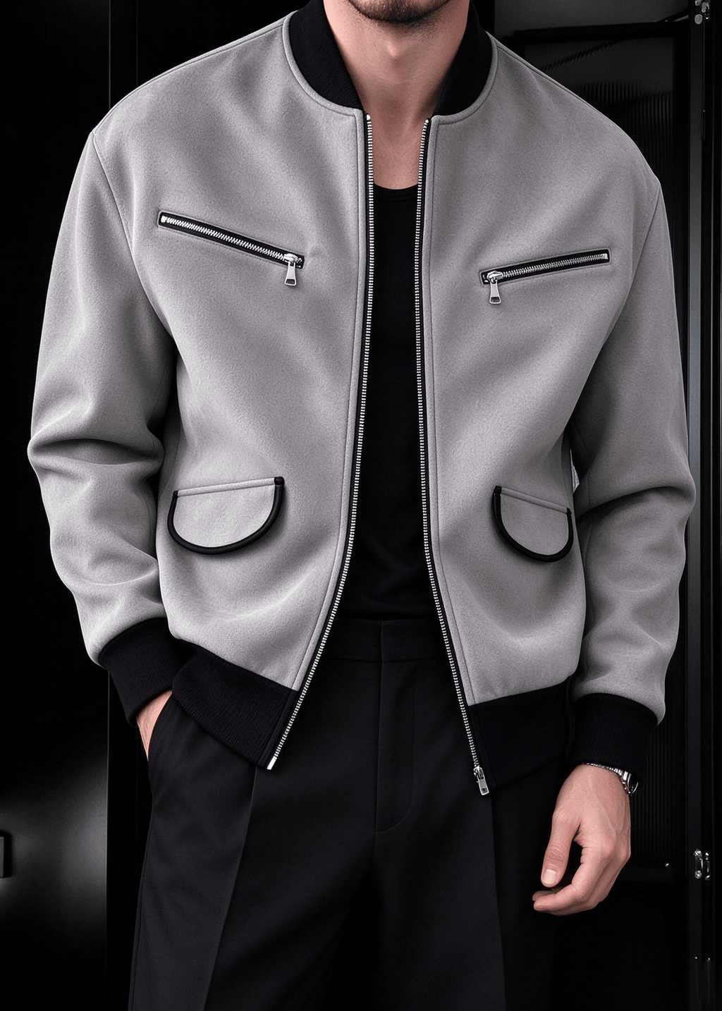 Men’s Vintage Streetwear Faux Suede Bomber Jacket – Zip Pocket Baseball Collar Casual Coat