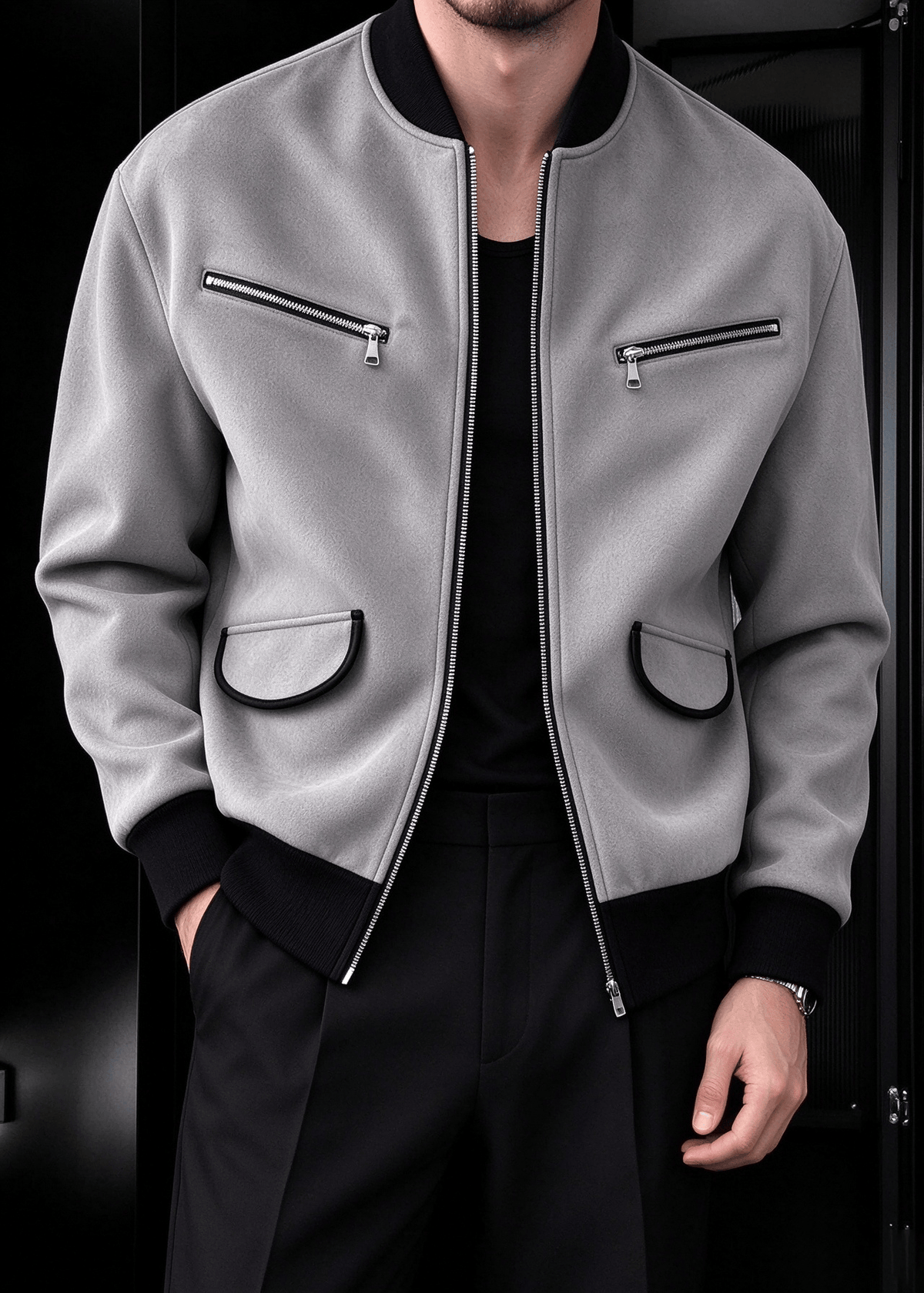 Men’s Vintage Streetwear Faux Suede Bomber Jacket – Zip Pocket Baseball Collar Casual Coat