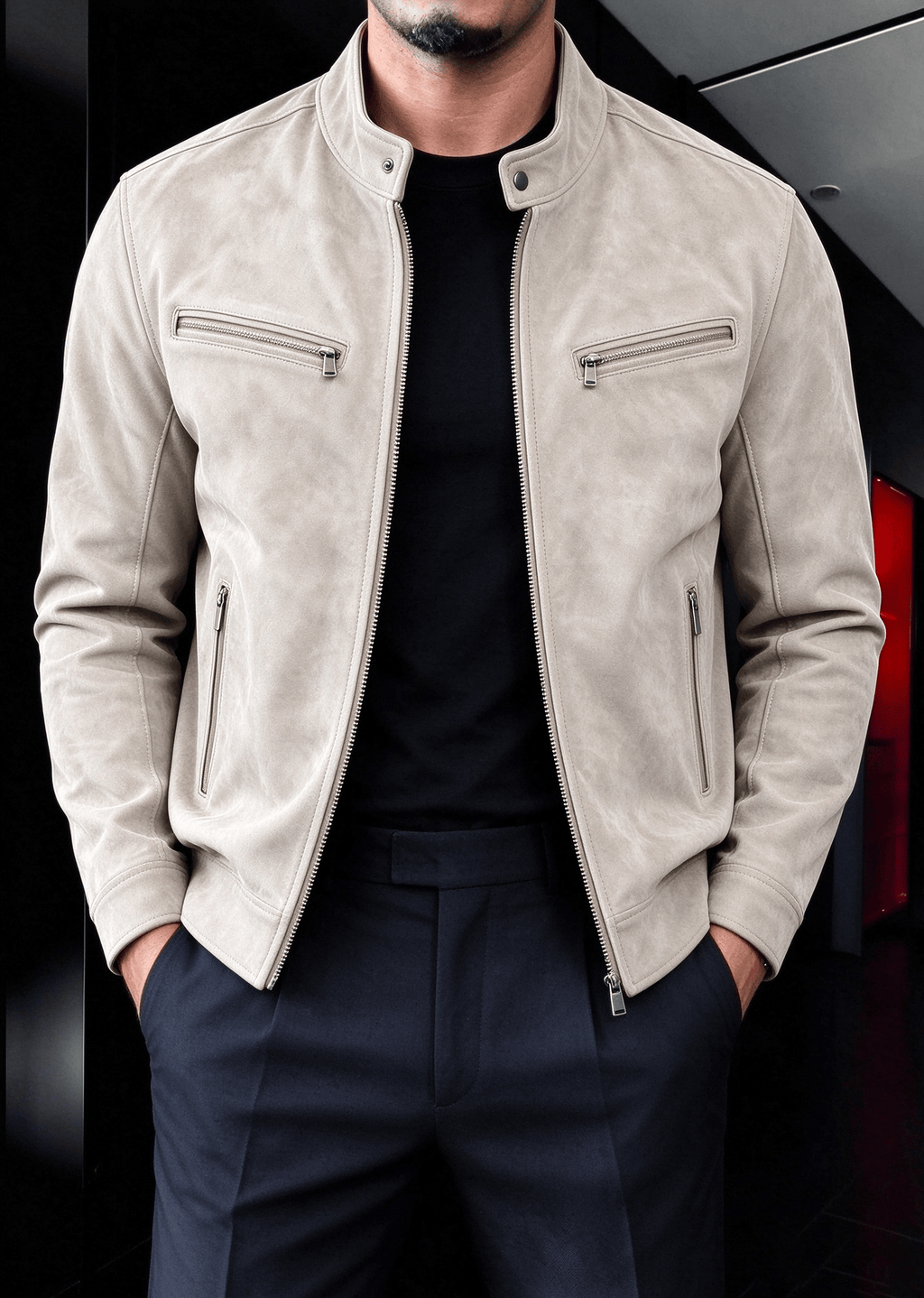 Men’s Faux Suede Moto Jacket – Stand Collar Multi-Zip Casual Jacket