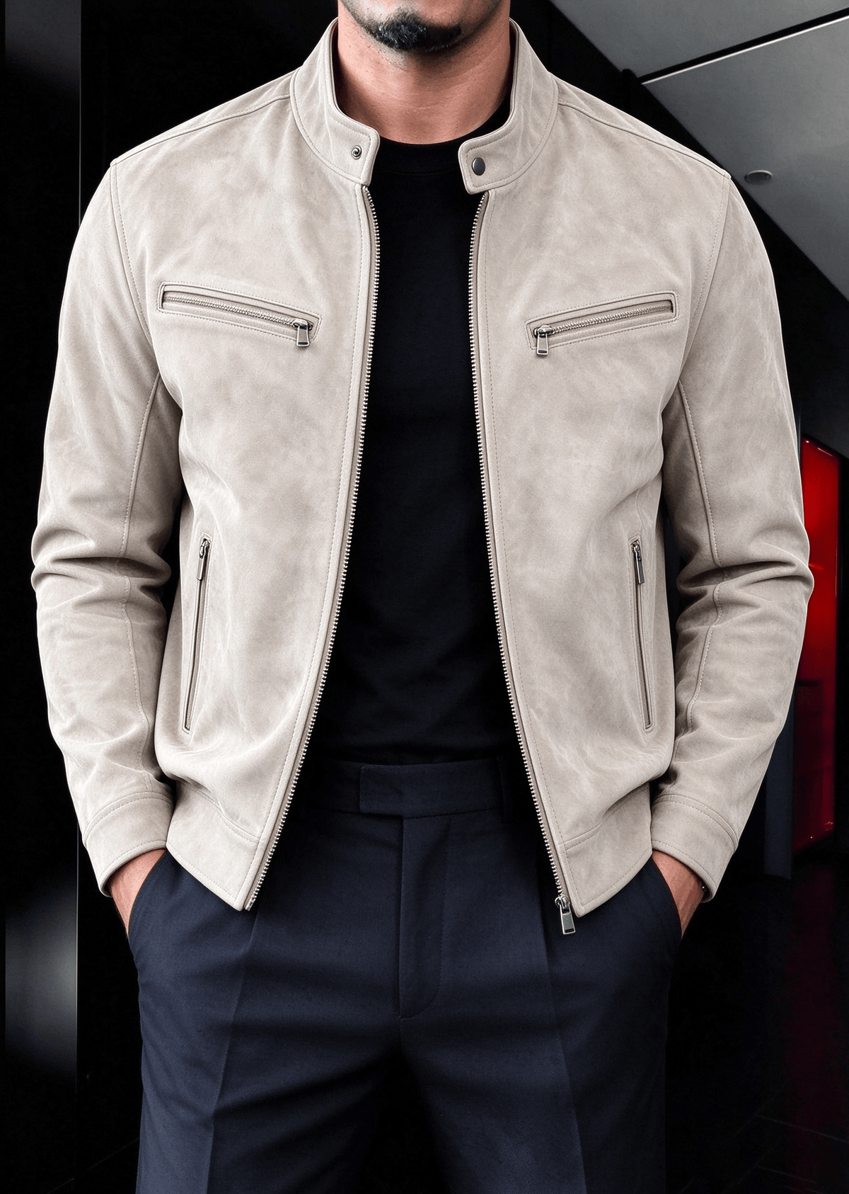Men’s Faux Suede Moto Jacket – Stand Collar Multi-Zip Casual Jacket
